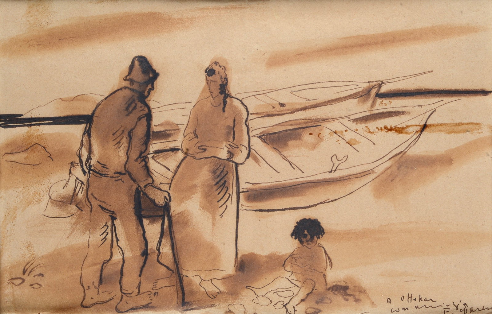 Felice Carena (Cumiana, 1879 - Venezia, 1966) - Figure con barca sullo sfondo (1 of 2)