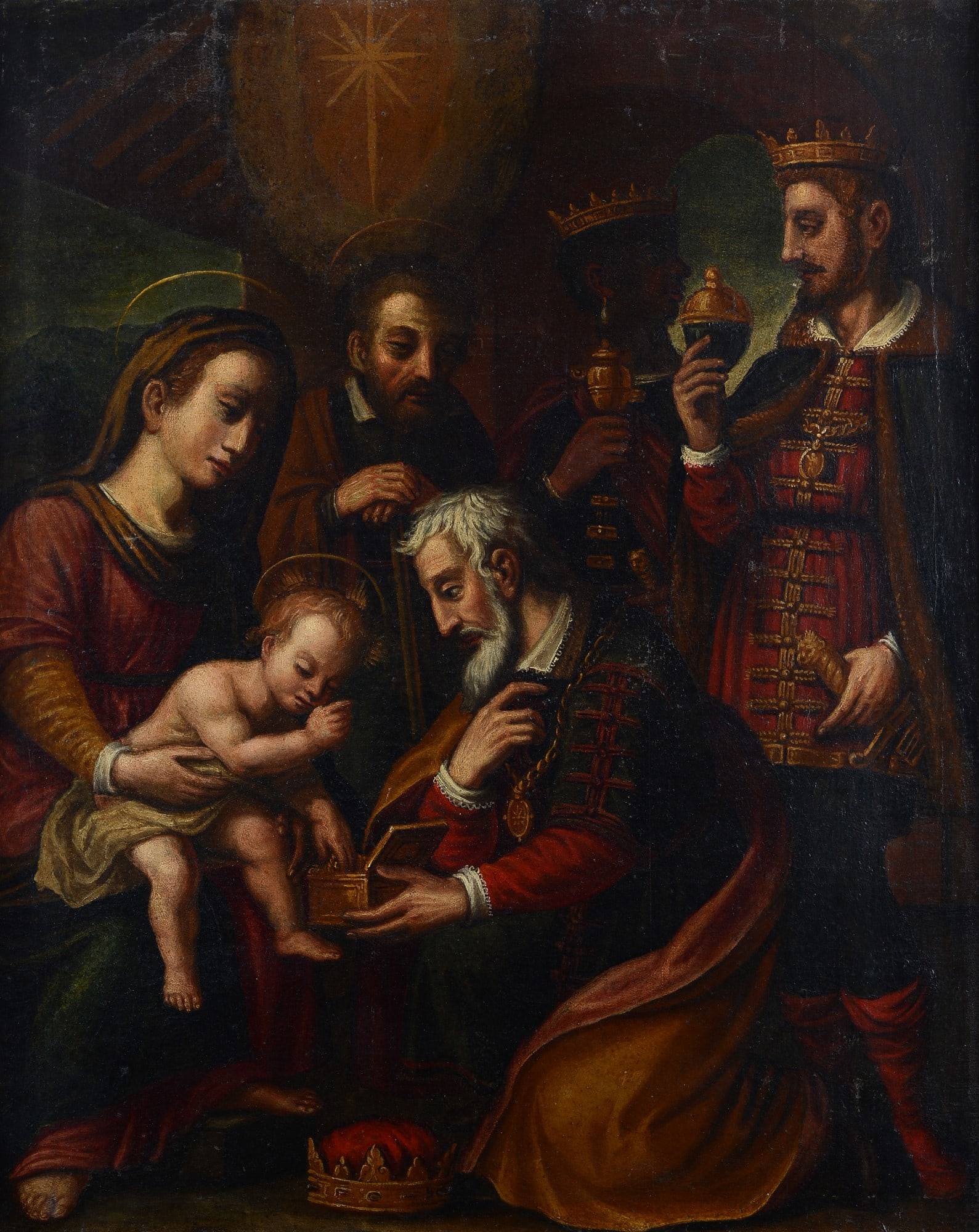 Scuola Toscana, XVII sec. - Adorazione dei Magi: Olio su tela, cm. 82x65.