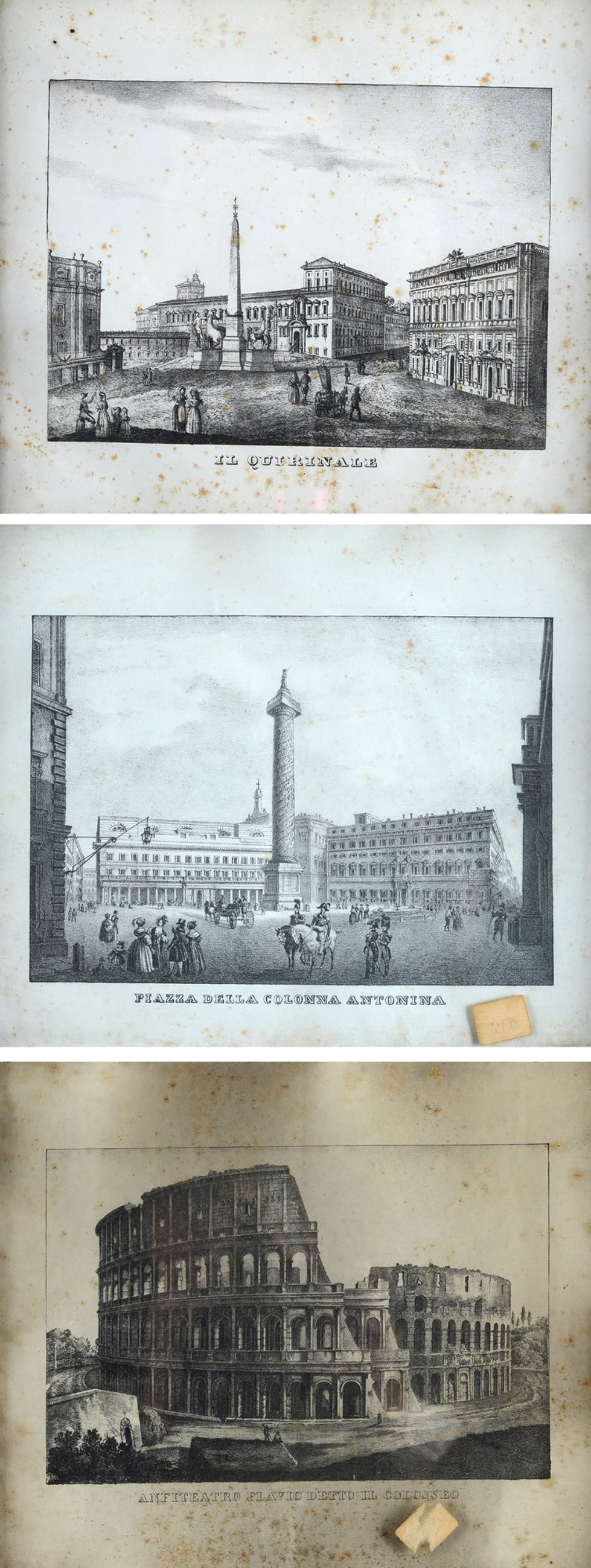 Il Quirinale"; "Piazza della Colonna Antonina"; "Anfiteatro Flavio detto Il Colosseo: Litografie, cm. 17,5x23,5 (ciascuna).