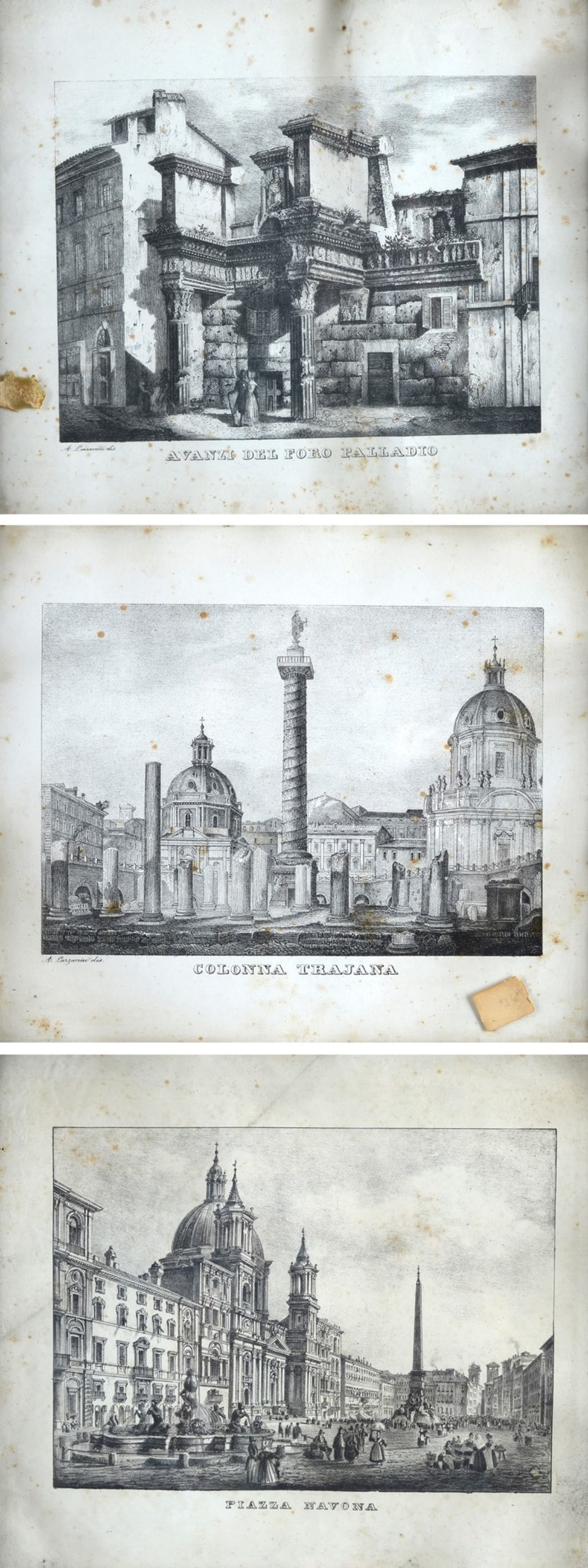 Piazza Navona"; "Colonna Trajana"; "Avanzi del Foro Palladio: Litografie, cm. 17,5x23,5 (ciascuna). Due recano iscrizione: "A. Lazzarini, dis."