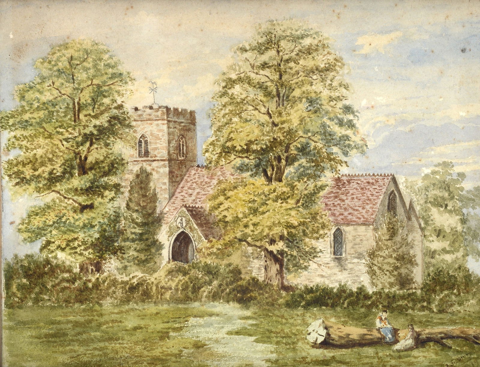 Anonimo, XIX sec. - Chiesa: Acquerello su carta riportata su cartonino, cm. 25,5x32. Firmato in basso a destra: A. E. Druny. Sul verso: porzione di etichetta Frederick Fish & Son Ipswich, con n. 429.