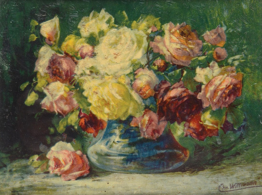 Charles Wittmann (1976 - 1953) - Rose: Olio su cartone, cm. 14,5x19. Firma in basso a destra.