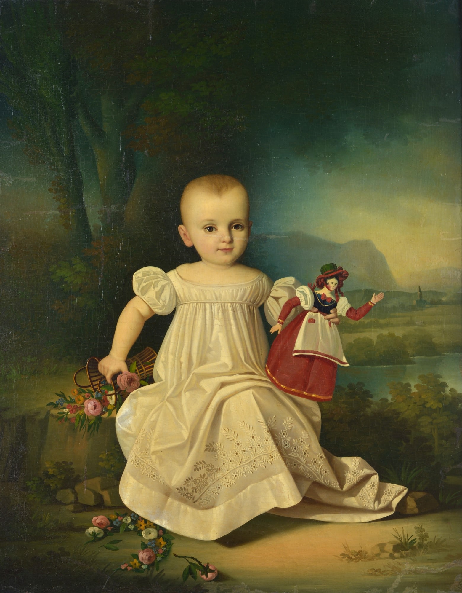 Anonimo, XIX sec. - Ritratto di bambina con bambola, 1814: Olio su tela, cm. 100,5x80. Sul verso: iscrizione ad inchiostro "Pellegani-14".