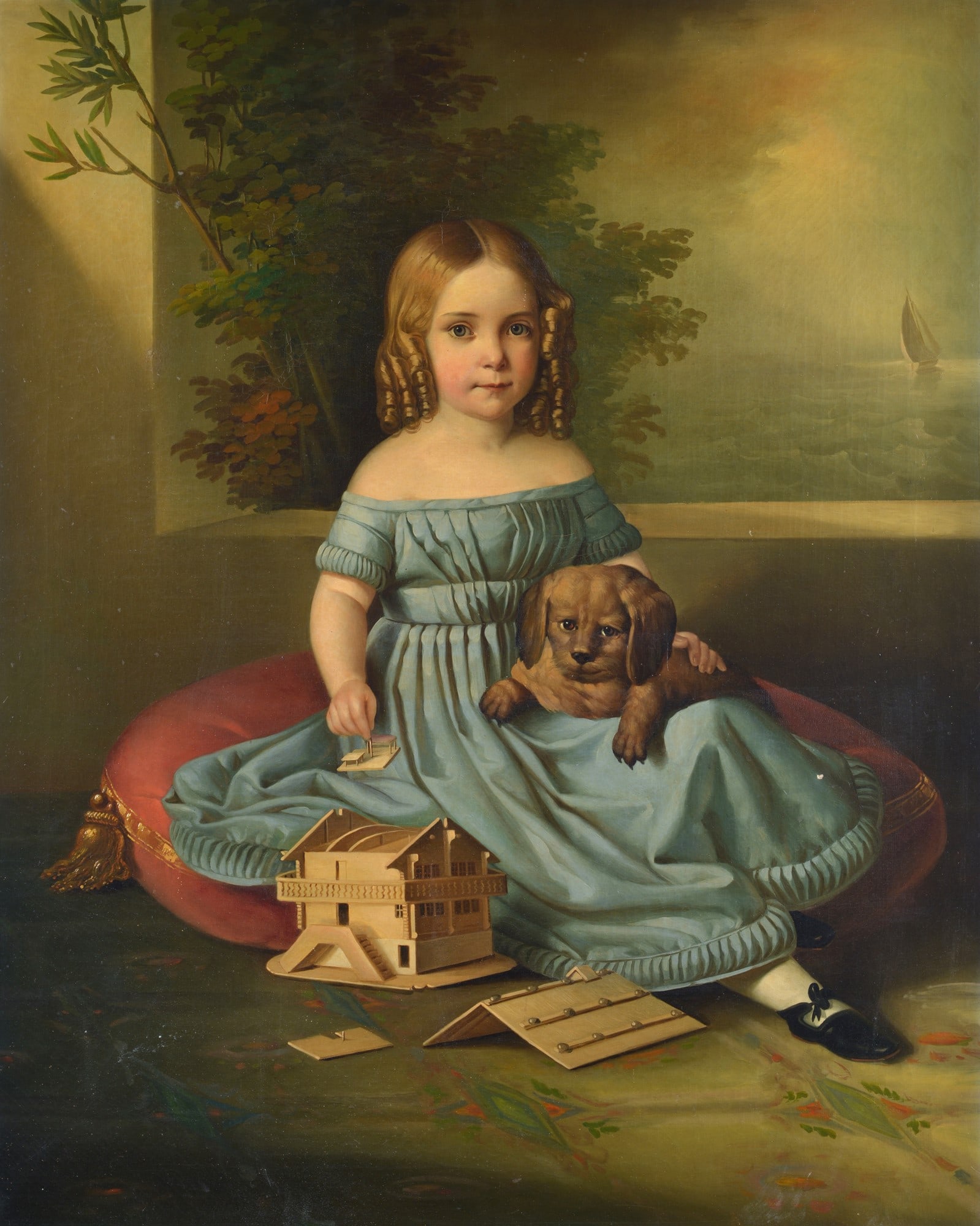 Anonimo, inizi XIX sec. - Ritratto di bambina con cane: Olio su tela, cm. 103x82,5.