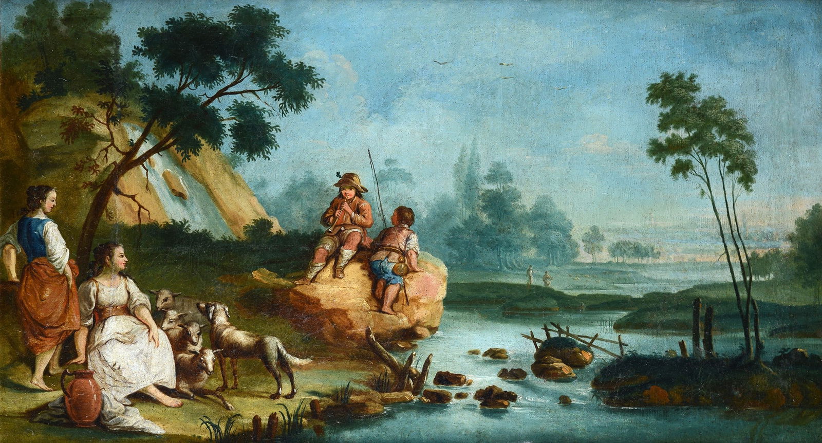 Anonimo, inizi XIX sec. - Pastorello con flauto: Olio su tela, cm. 67x120.