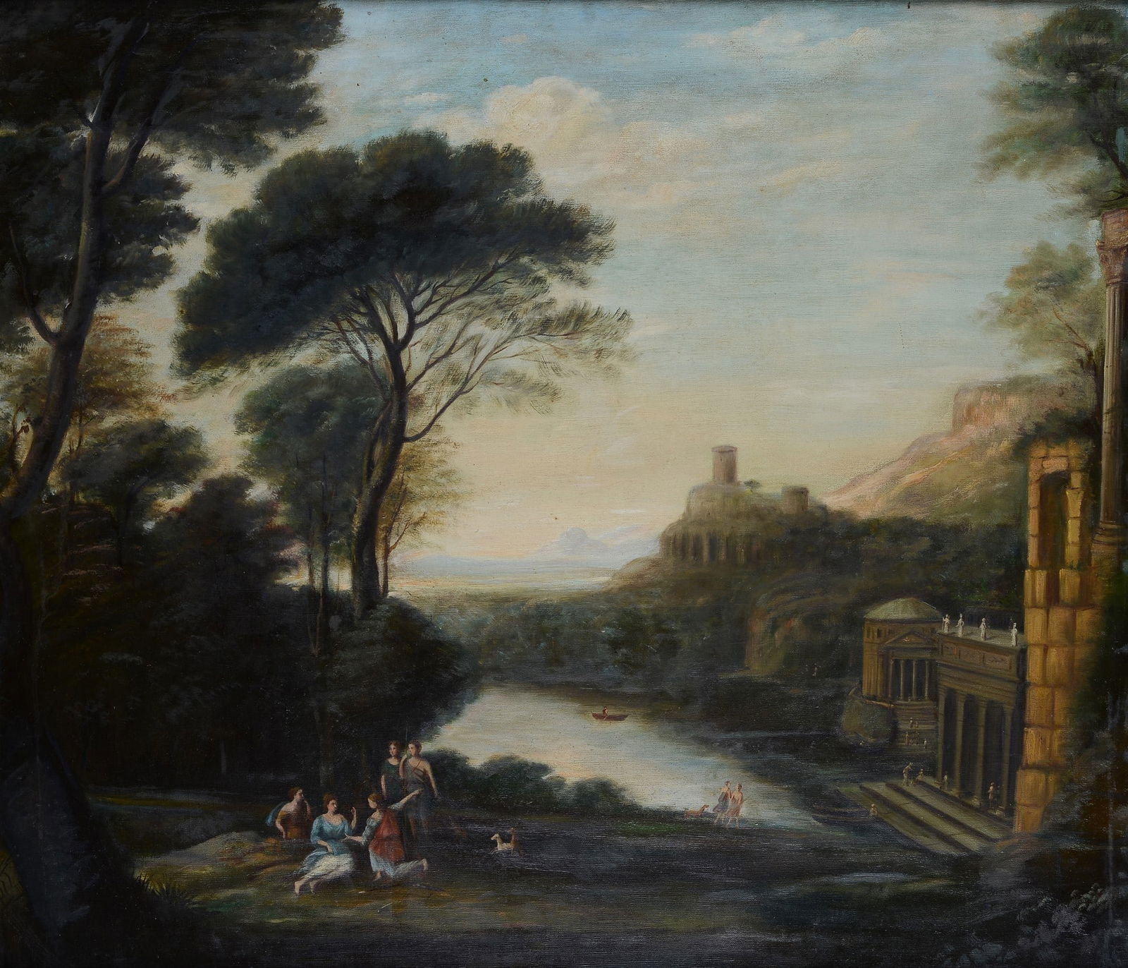 Anonimo, inizi XIX sec. - Paesaggio con figure: Olio su tela, cm. 81x95.