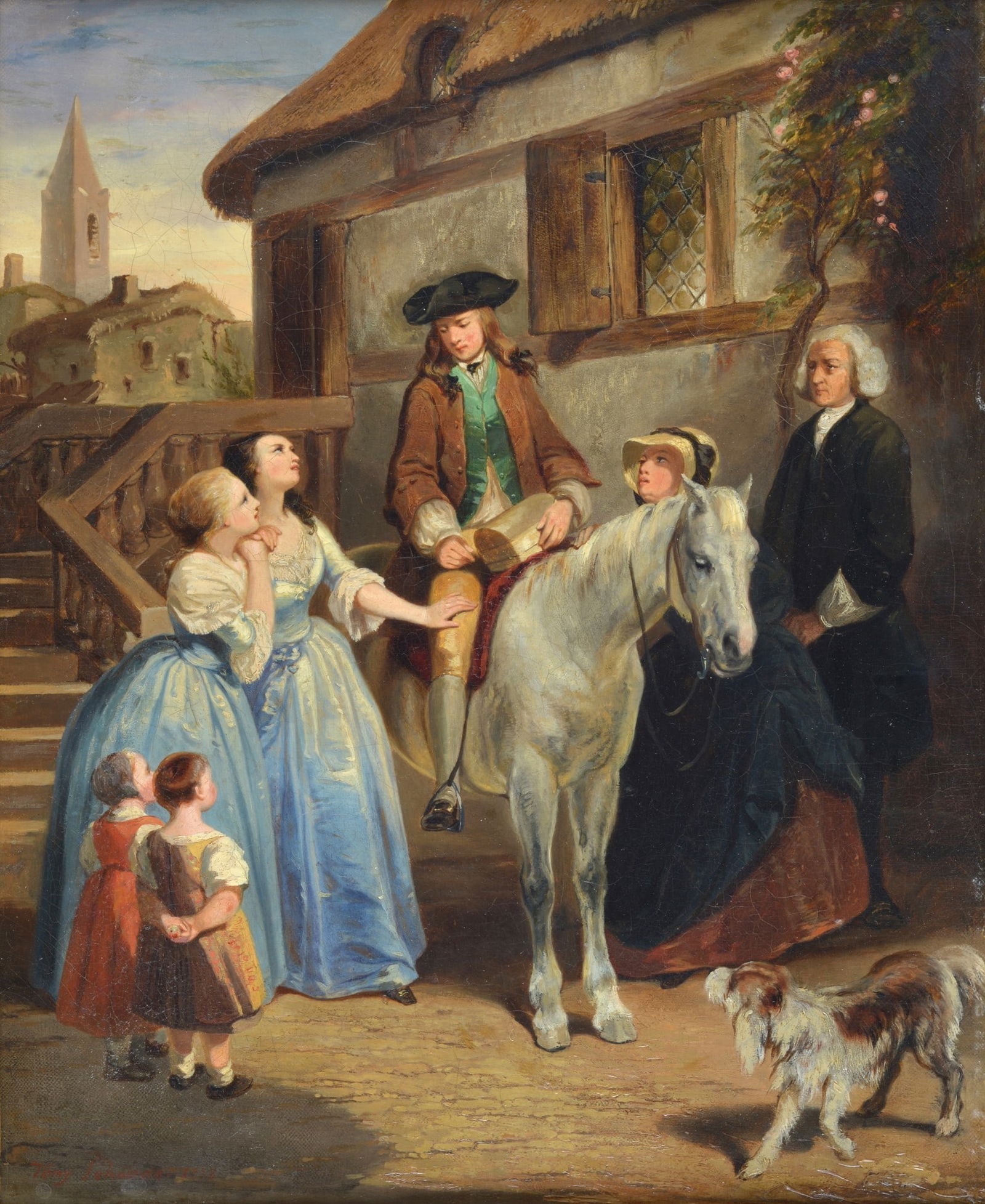 Tony Johannot (Offenbach sul Meno, 1803 - Parigi, 1852) - La partenza, 1838: Olio su tela, cm. 46,5x38. Firma e data in basso a destra.