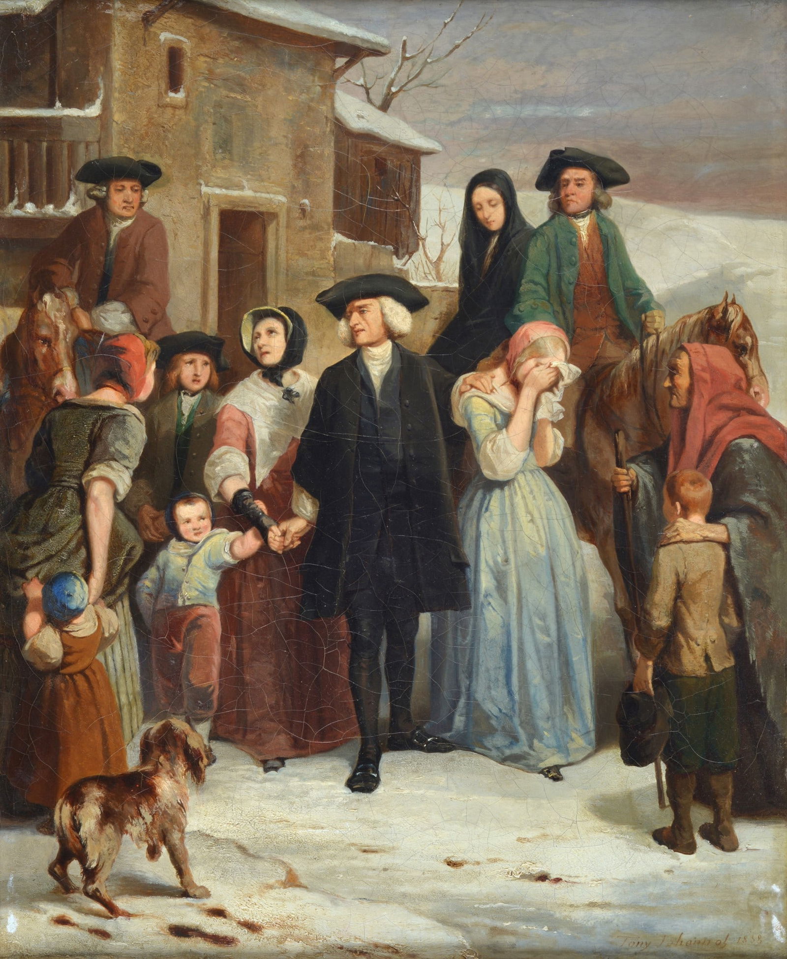 Tony Johannot (Offenbach sul Meno, 1803 - Parigi, 1852) - L'addio, 1838: Olio su tela, cm. 46,5x38. Firma e data in basso a destra.