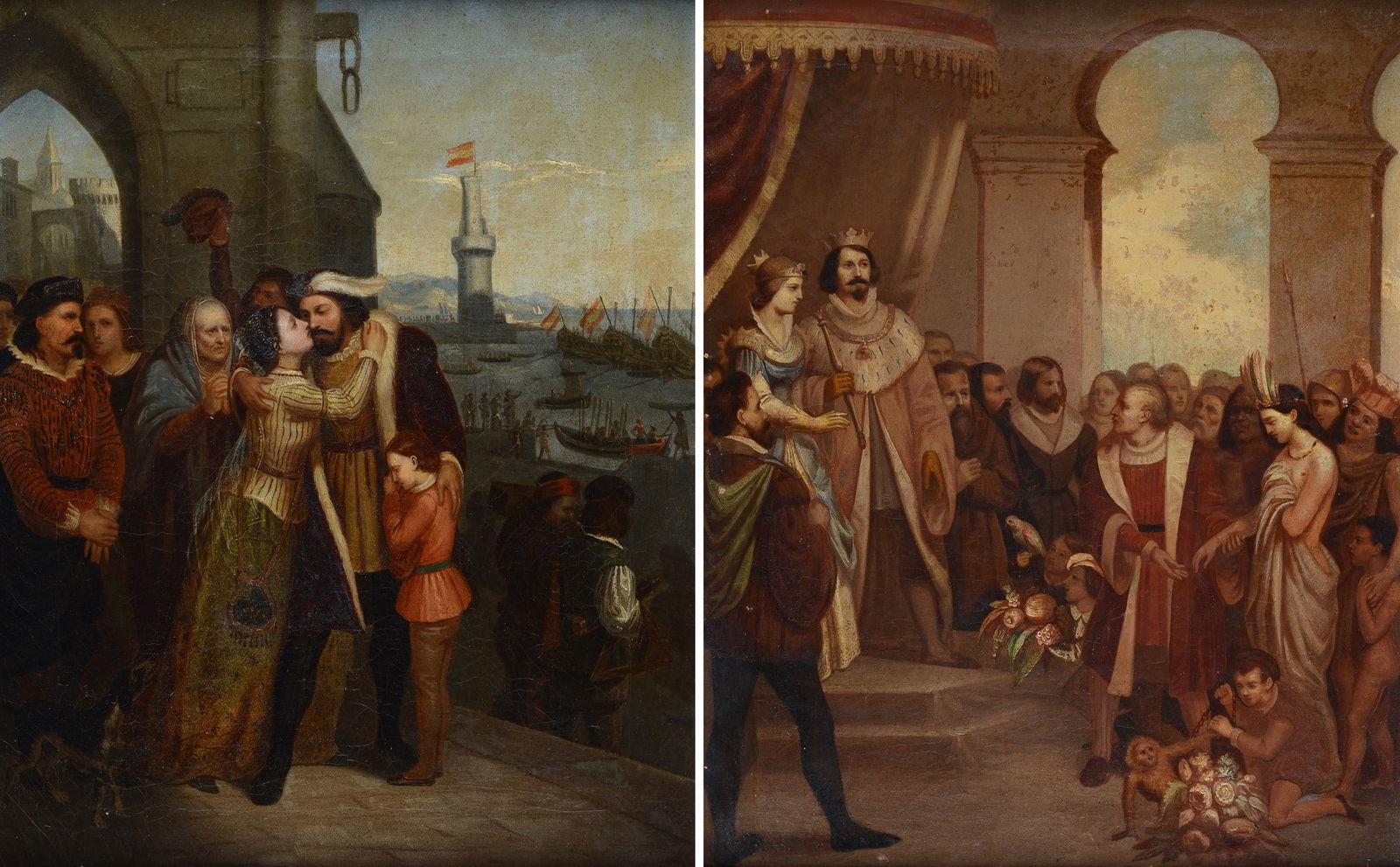 Anonimo, XIX sec. - Coppia di dipinti: Olio su tela, cm. 68,5x54,5 (ciascuno). A) Partenza di Cristoforo ColomboB) Ritorno dalle Americhe