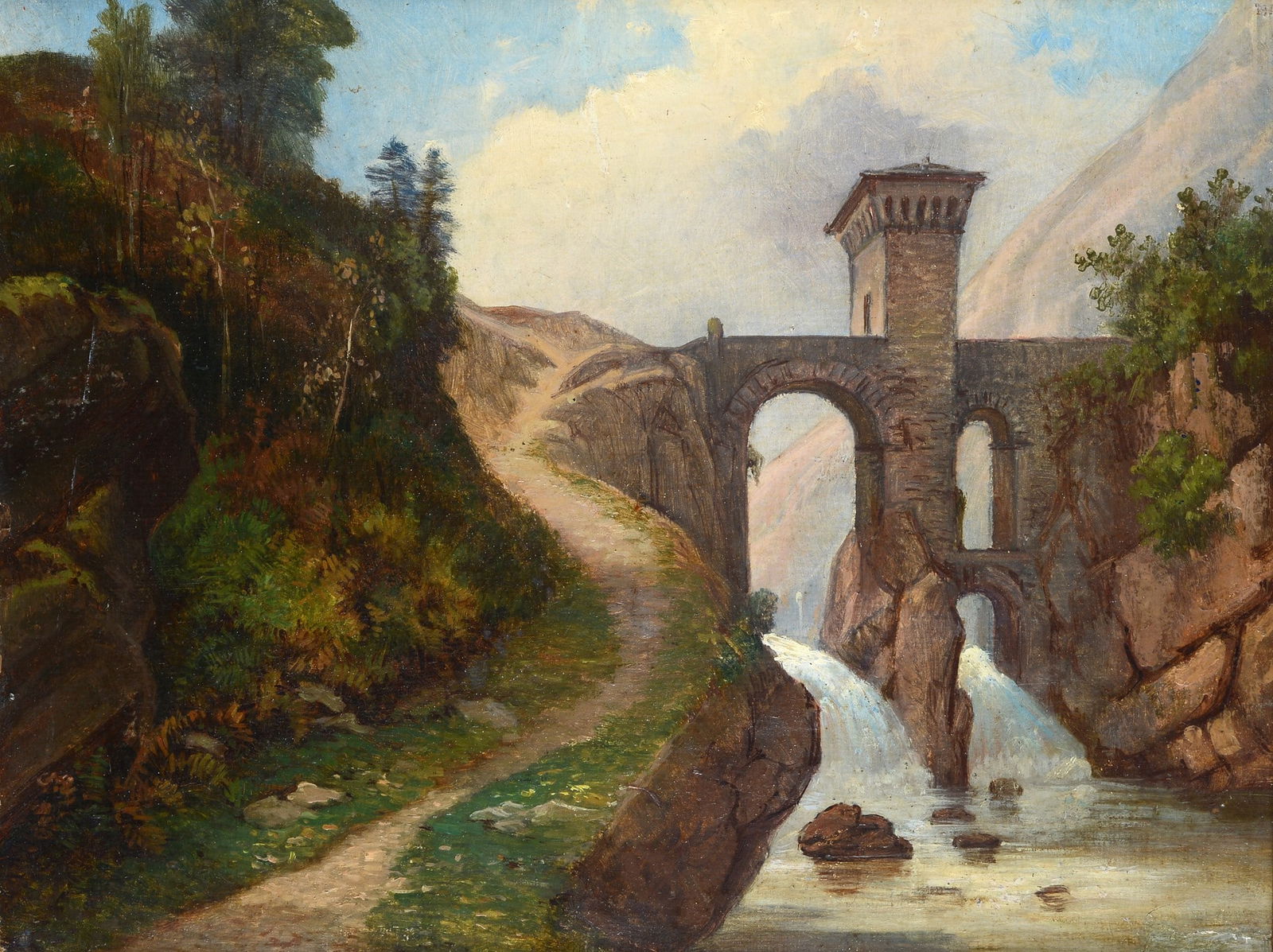 Anonimo, XIX sec. - Paesaggio con cascate: Olio su tela, cm. 26x34.