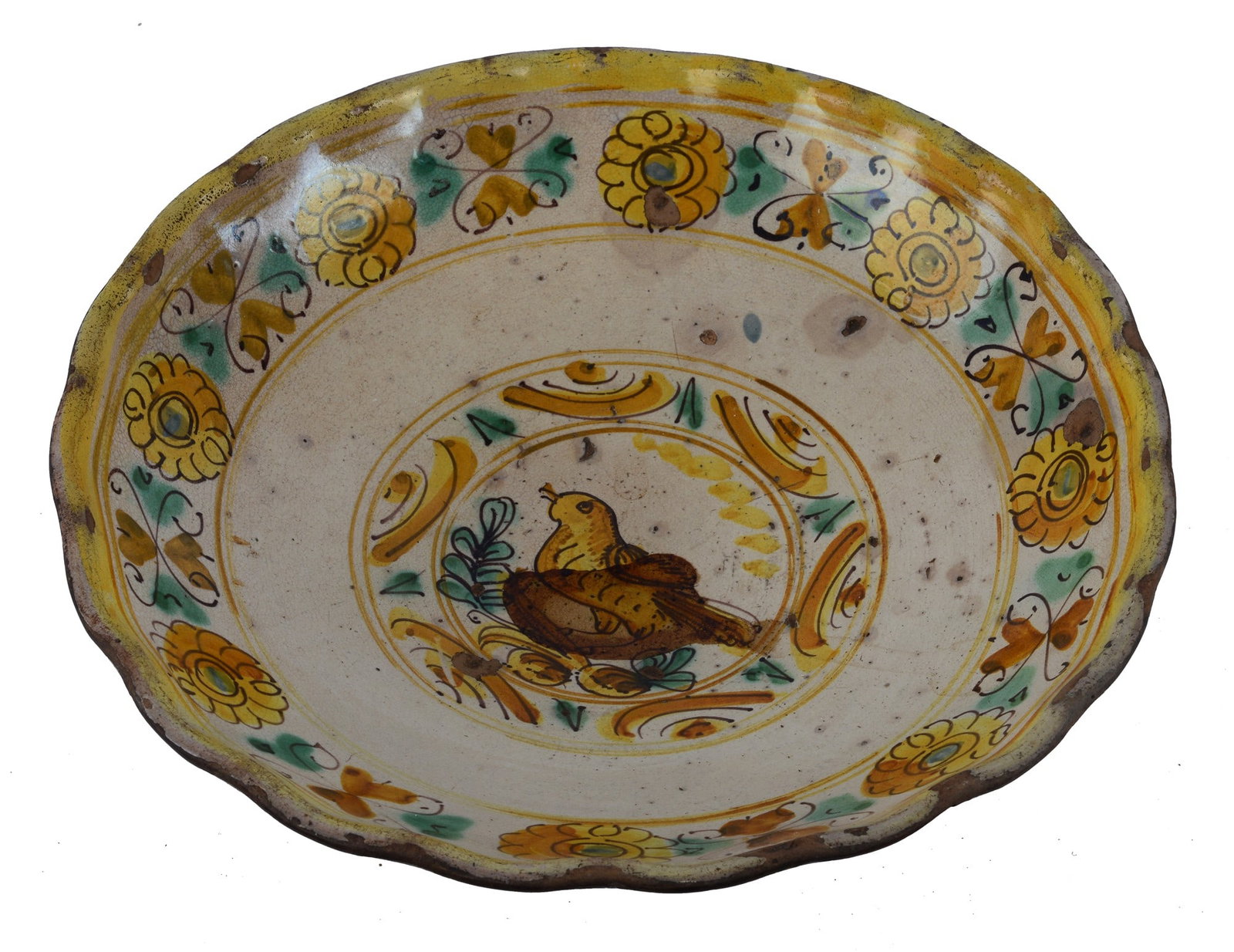 Ciotola: In maiolica, decorazioni con fiori e uccellino, Toscana XVIII sec., cm. 31,5x9.Toscana XVIII sec., cm. 31,5x9.