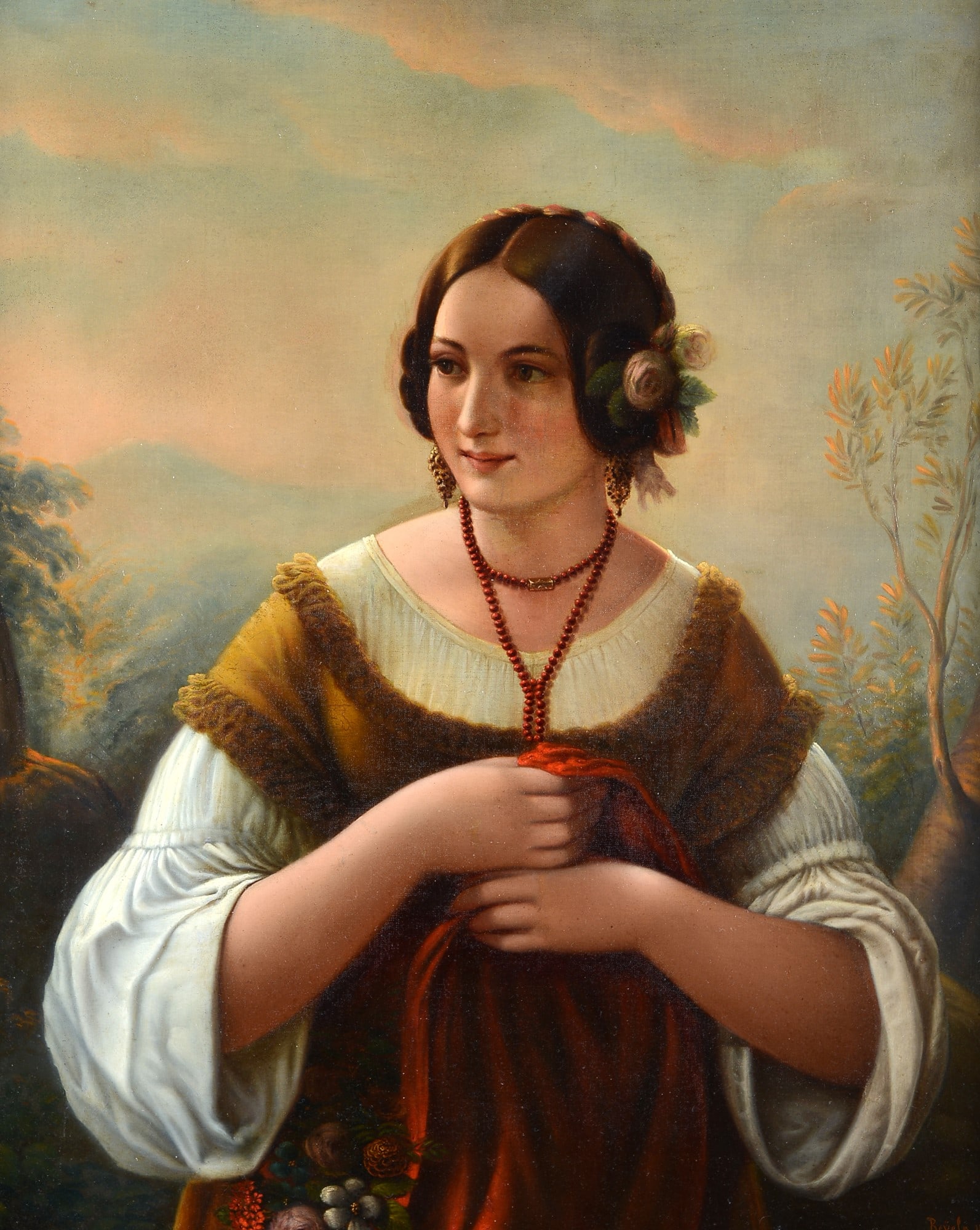 Anonimo, XIX sec. - Ritratto di giovane donna, 1861: Olio su tela, cm. 86,5x62,5. Firmato e datato in basso a destra: Revelp 1861. Sul verso: timbro W. Koller &C in Wien. Silberne Medaille.