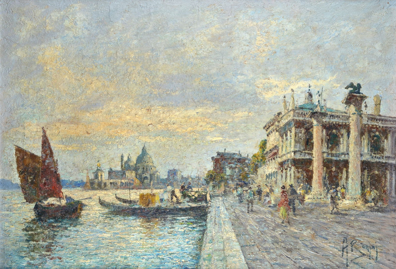 Anonimo, XIX - XX sec. - Veduta di Venezia: Olio su tela, cm. 70x101. Firma indistinta in basso a destra.