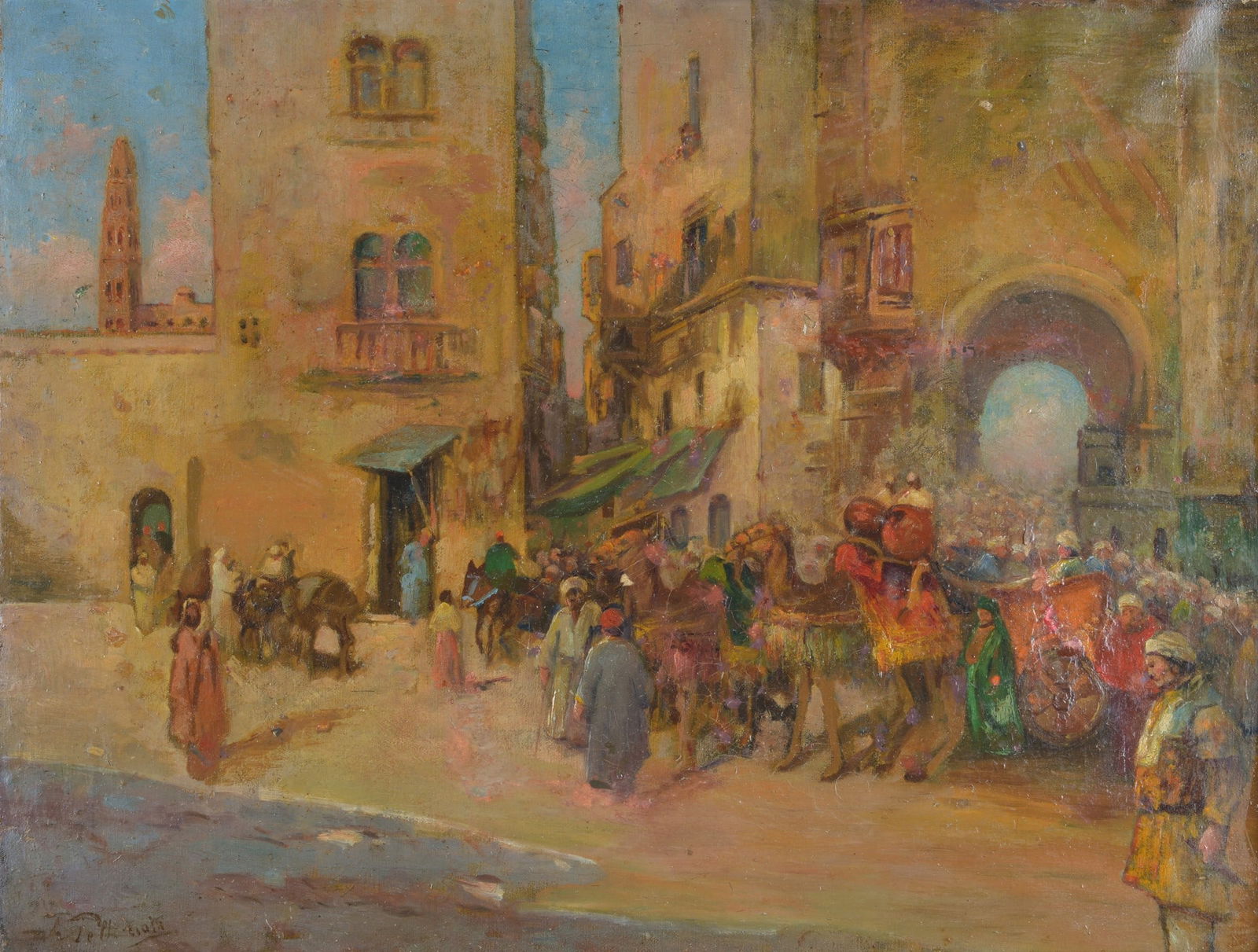 Tito Pellicciotti (Balisciano, 1871 - 1950) - Paesaggio arabo: Olio su tela, cm. 45,5x59,5. Firma in basso a sinistra.