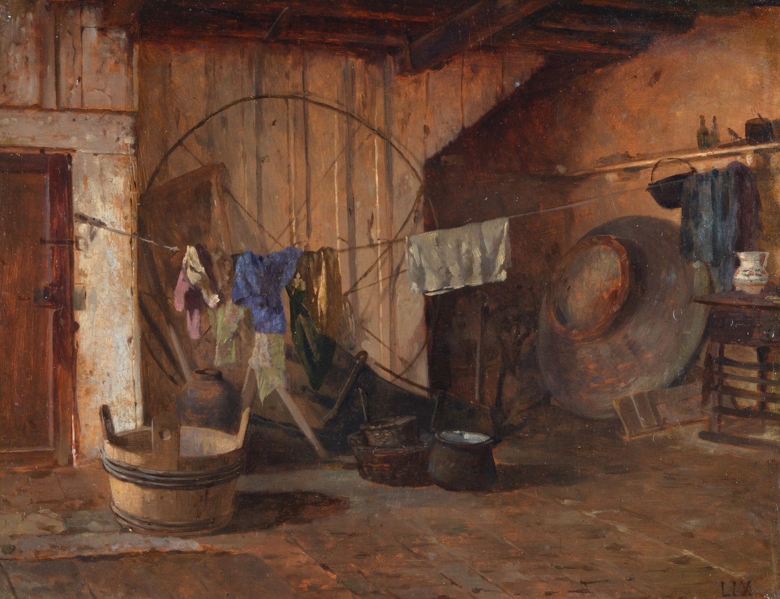 Luigi Nono (Fusina, 1850 - Venezia, 1915) - Interno: Olio su cartone, cm. 51,5x42. Sul verso: a matita, "L. Nono Rustico e bacile, 1878"; antichi cartigli E. Rossa, Milano, con n. di inventario.