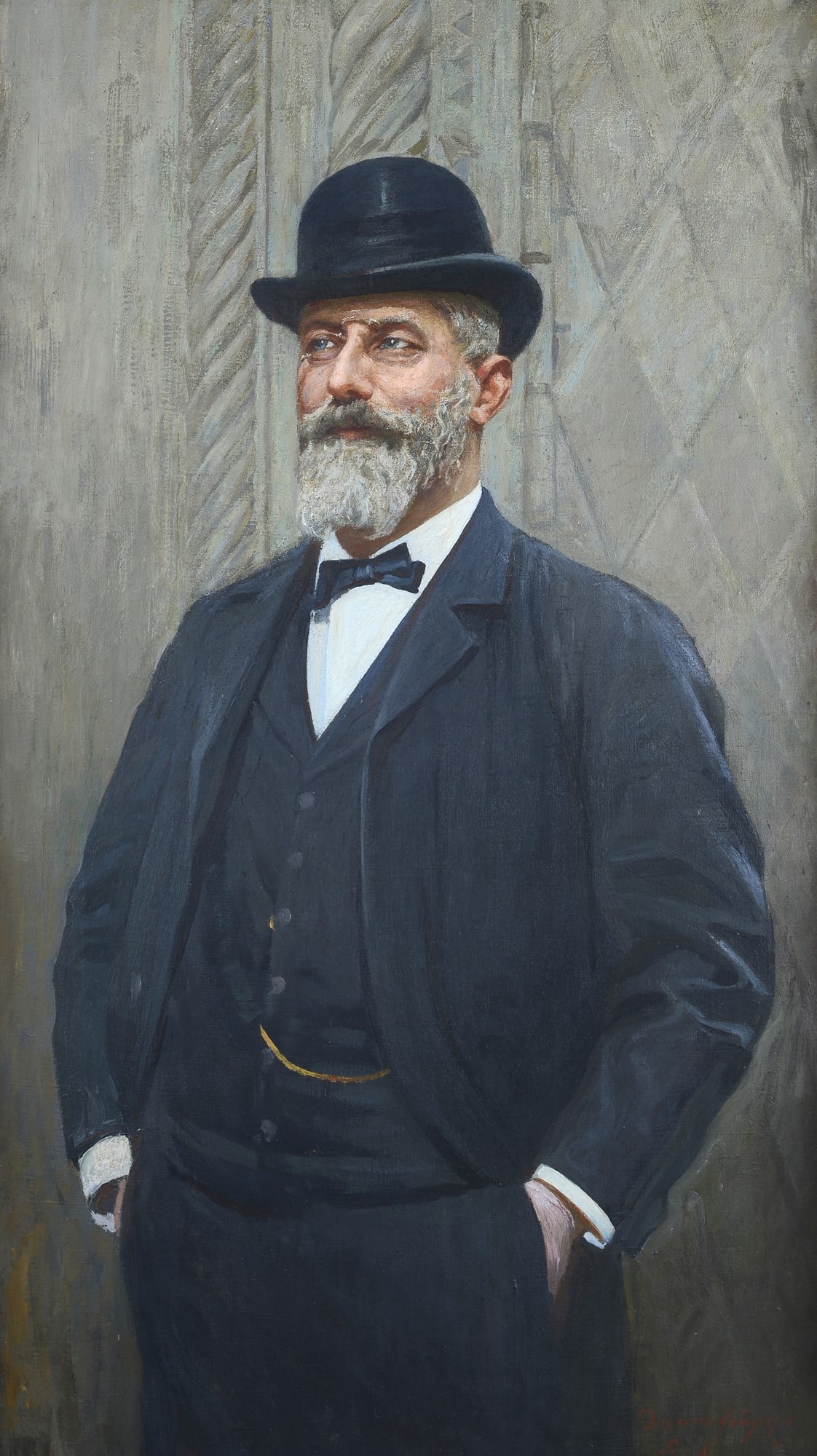 Emilio Longoni (Barlassina, 1859 - Milano, 1932) - Ritratto: Olio su tela, cm. 126x70. Firma in basso a destra.