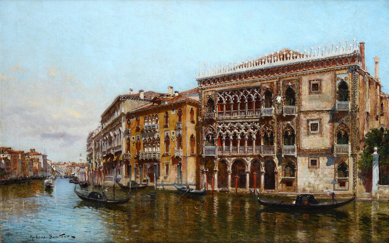 Rubens Santoro (Mongrassano, 1859 - 1942) - Ca' d'Oro a Venezia: Olio su tela, cm. 40,5x73. Firma in basso a sinistra. Sul verso: timbro Galleria La Meridiana, Bologna; Leonardiana Galleria d'Arte, Alassio; timbri Galleria [...], Milano. Bibliografia: 1979, L'Ottoc