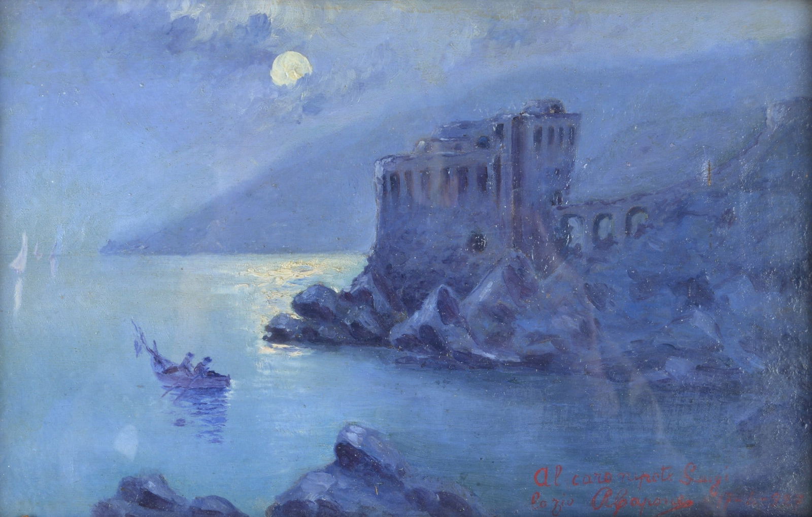 Anonimo, XX sec. - Notturno: Olio su tela, cm. 18x28,5. In basso a destra: "Al caro nipote Luigi/lo zio R. Capone 17 - 4 - 927".