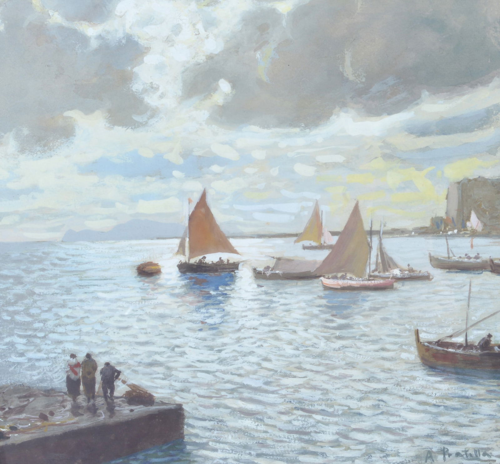 Attilio Pratella (Lugo di Romagna, 1856 - Napoli, 1949) - Vele: Tempera su carta, cm. 22x24. Firma in basso a destra.