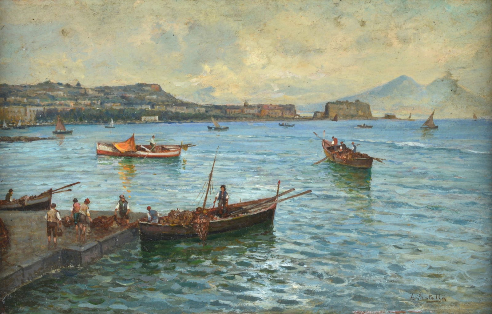 Attilio Pratella (Lugo di Romagna, 1856 - Napoli, 1949) - Pescatori nel Golfo di Napoli: Olio su tavola, cm. 22x35. Firma in basso a destra.