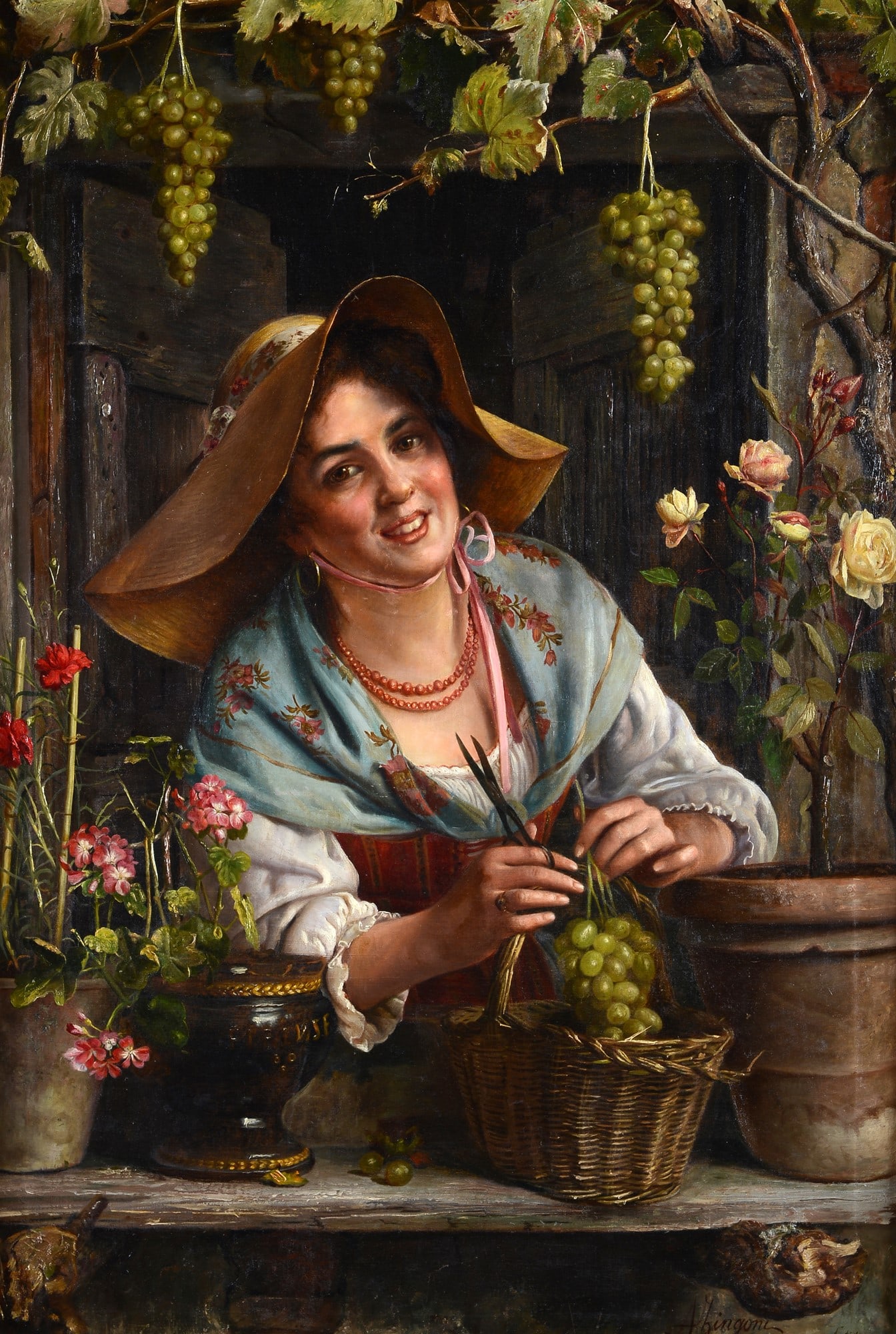 Aurelio Zingoni (Firenze, 1853 - 1922) - Sotto la pergola (giovane contadina) (1 of 3)