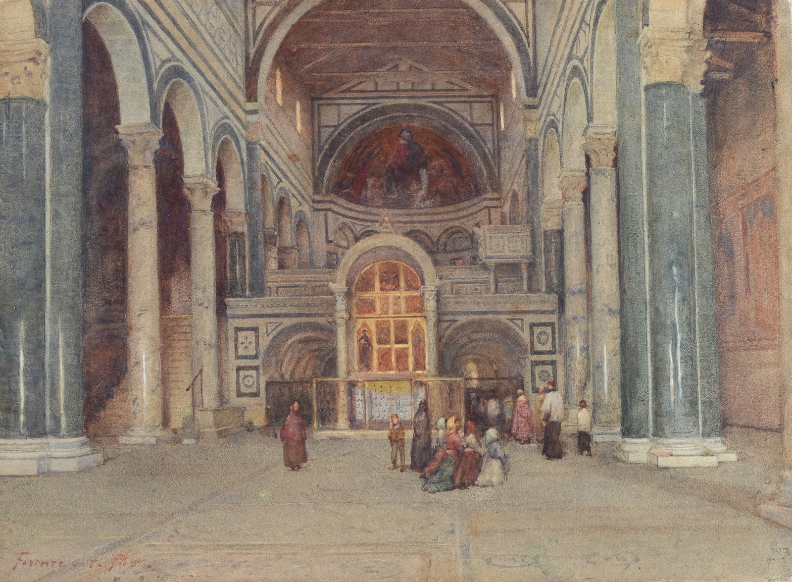 Alberto Pisa (Ferrara, 1864 - Firenze, 1930) - Chiesa di San Miniato al Monte: Acquarello e tecniche miste, cm. 28x37. Firma in basso a sinistra. Bibliografia: 1986, Catalogo Arte Italiana dell'800, p. 361, n. 15. Certificato di provenienza e autenticit? Galleria d'Arte Il Magni