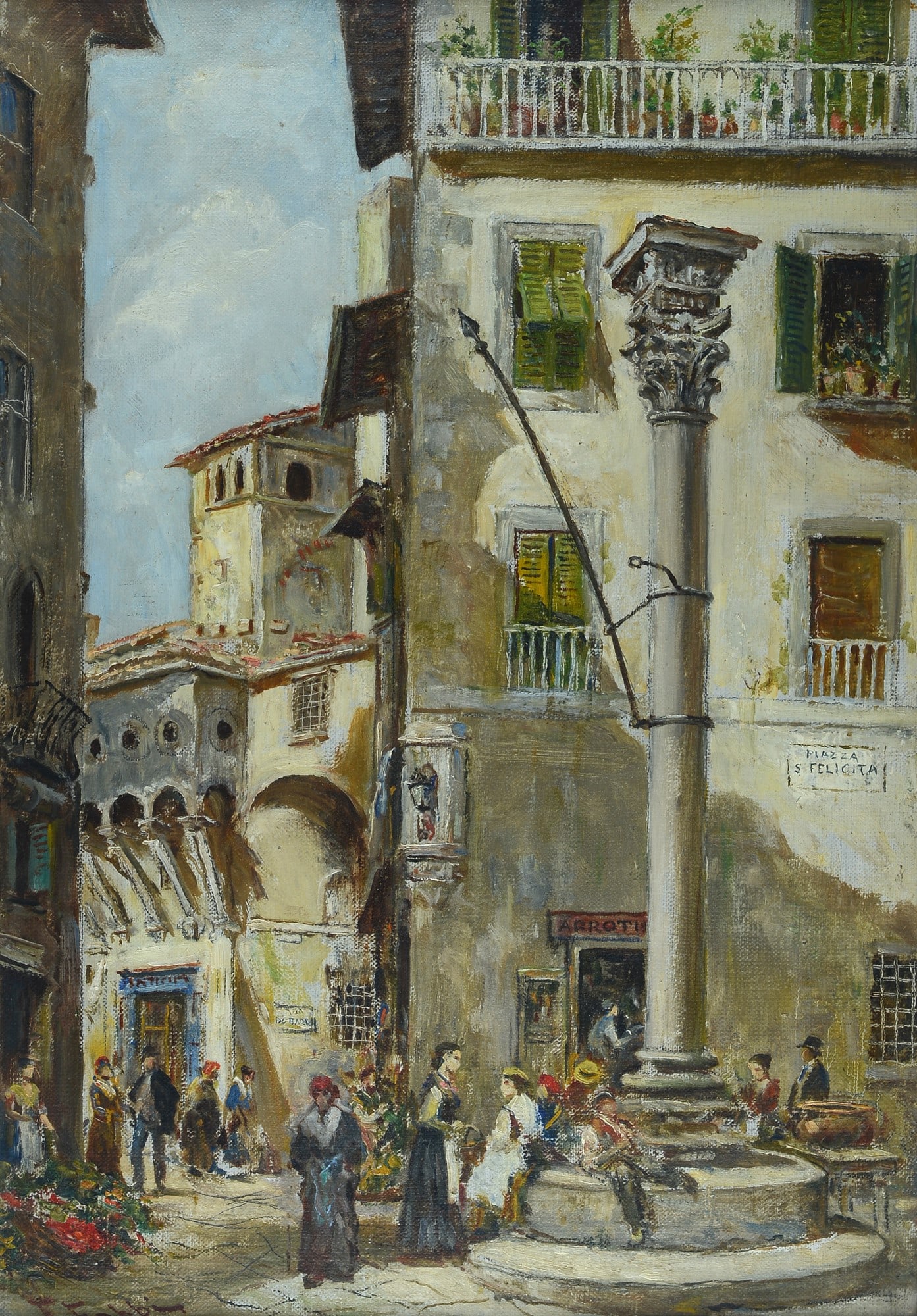 Fabio Fabbi (Bologna, 1861 - Casalecchio di Reno, 1946) - Piazza Santa Felicita: Olio su tela, cm. 73,5x50. Firma in basso a sinistra.