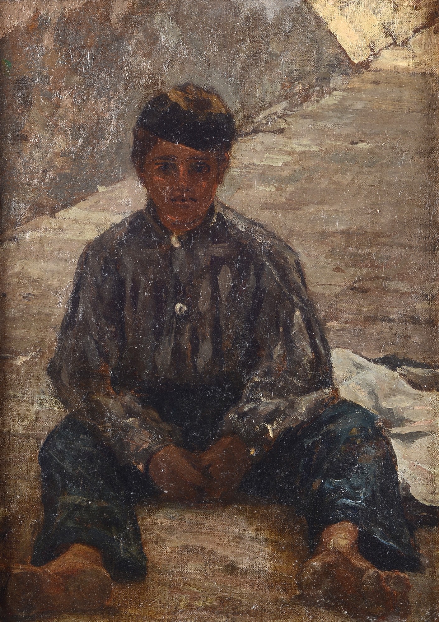 Telemaco Signorini (Firenze, 1835 - 1901) - Riomaggiore, ragazzo seduto con berrettino: Olio su tela, cm. 57x41. Sigla in basso a sinistra. Sul verso: sul telaio, antica etichetta con indicazioni dell'autore e del titolo. Certificato di autenticit? Archivio Baboni Per la Pittura Italiana
