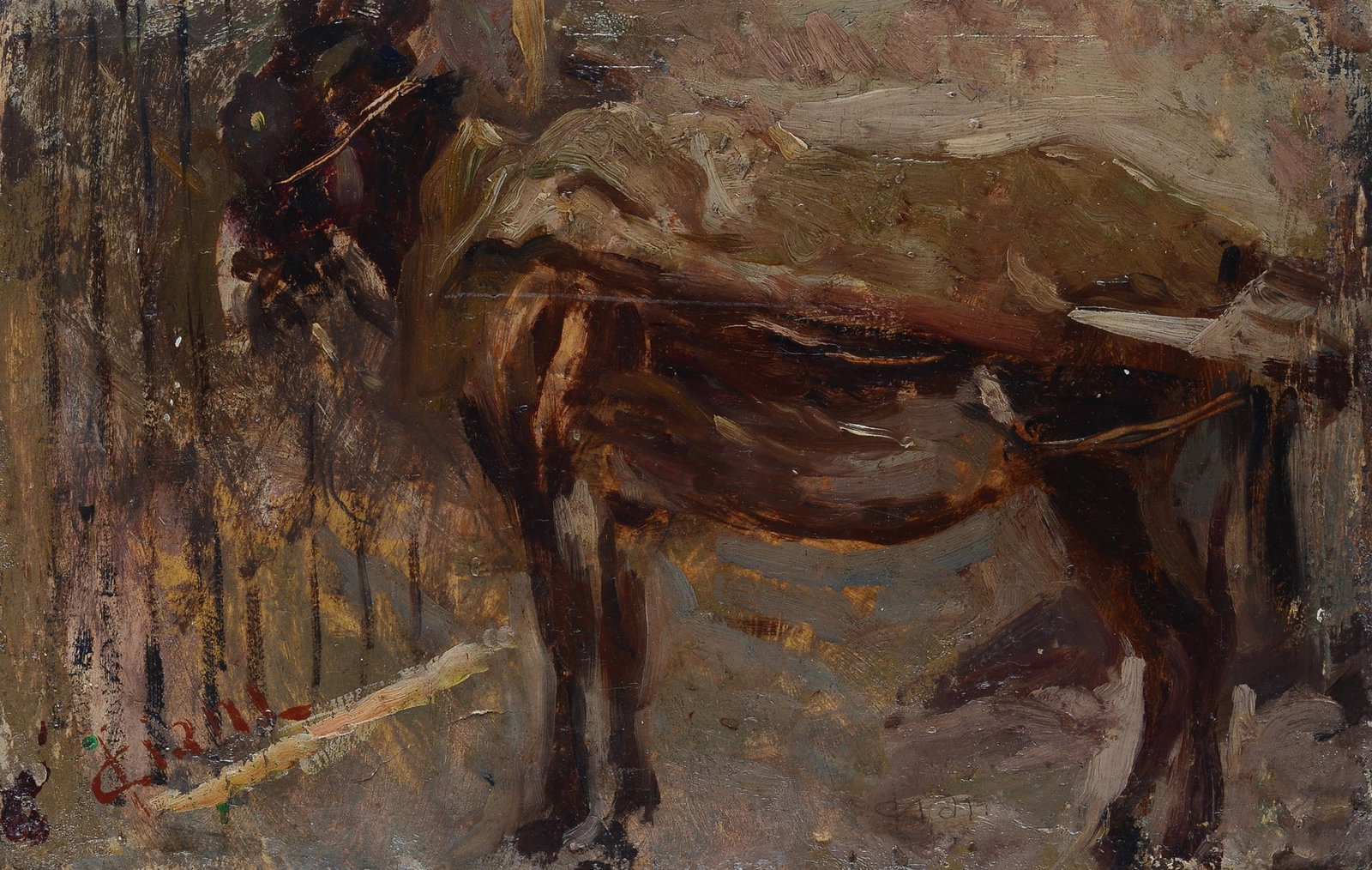 Cesare Ciani (Firenze, 1854 - 1925) - Asinello: Olio su cartone, cm. 15,5x24. Firma in basso a sinistra.