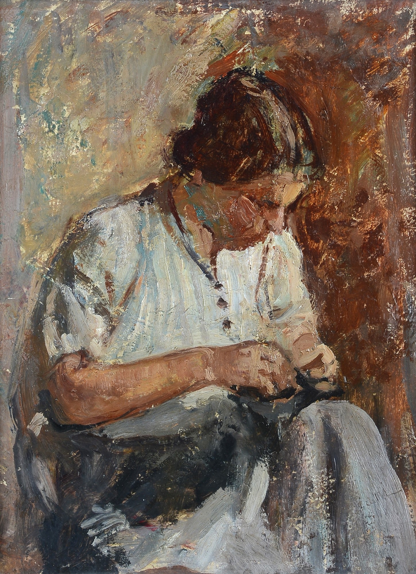 Cesare Ciani (Firenze, 1854 - 1925) - La cucitrice: Olio su cartone, cm. 31,5x23. Firma in basso a destra.