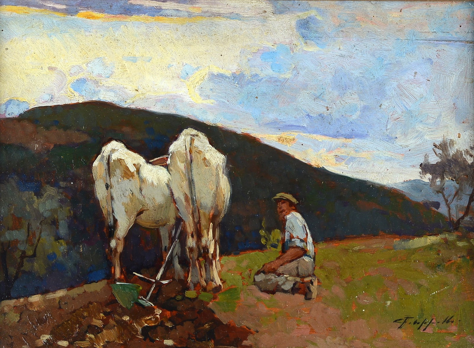 Cafiero Filippelli (Livorno, 1889 - 1973) - L'aratura, Anni '30: Olio su tavoletta, cm. 25,5x35. Firma in basso a destra. Sul verso: etichetta Collezione Bardi; etichetta Esposizione 2010, Barga.Esposizioni: 2010, L'armonia della Terra. Immagini della Valle del Ser