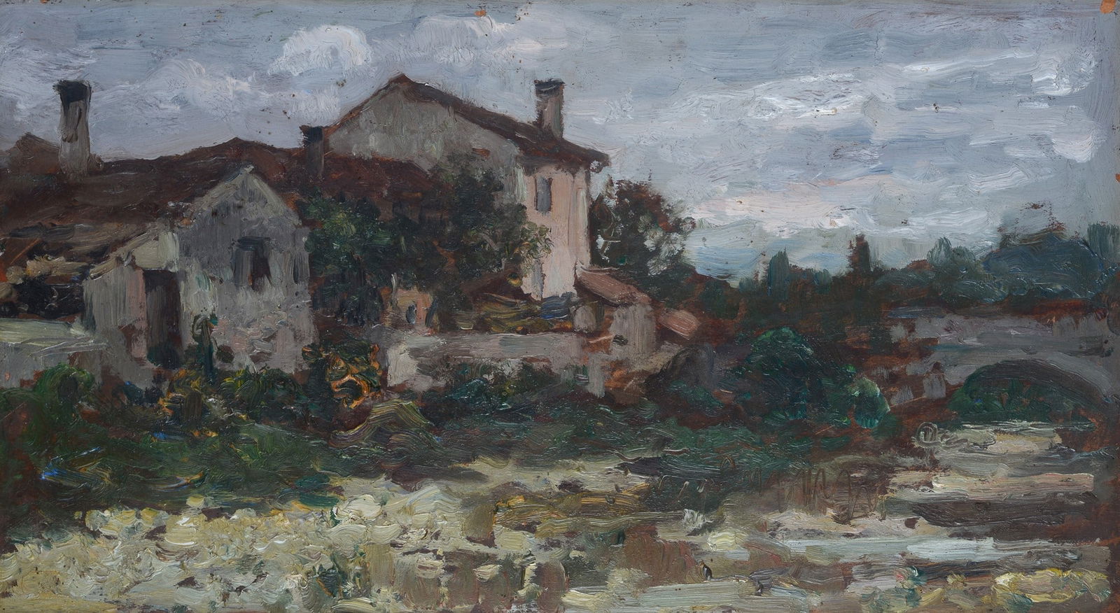 Anonimo, inizi XX sec. - Case sul Ruggio: Olio su cartone, cm. 18,5x33. Sul verso: a matita "Susegana 23 agosto 1908/Case sul Ruggio".