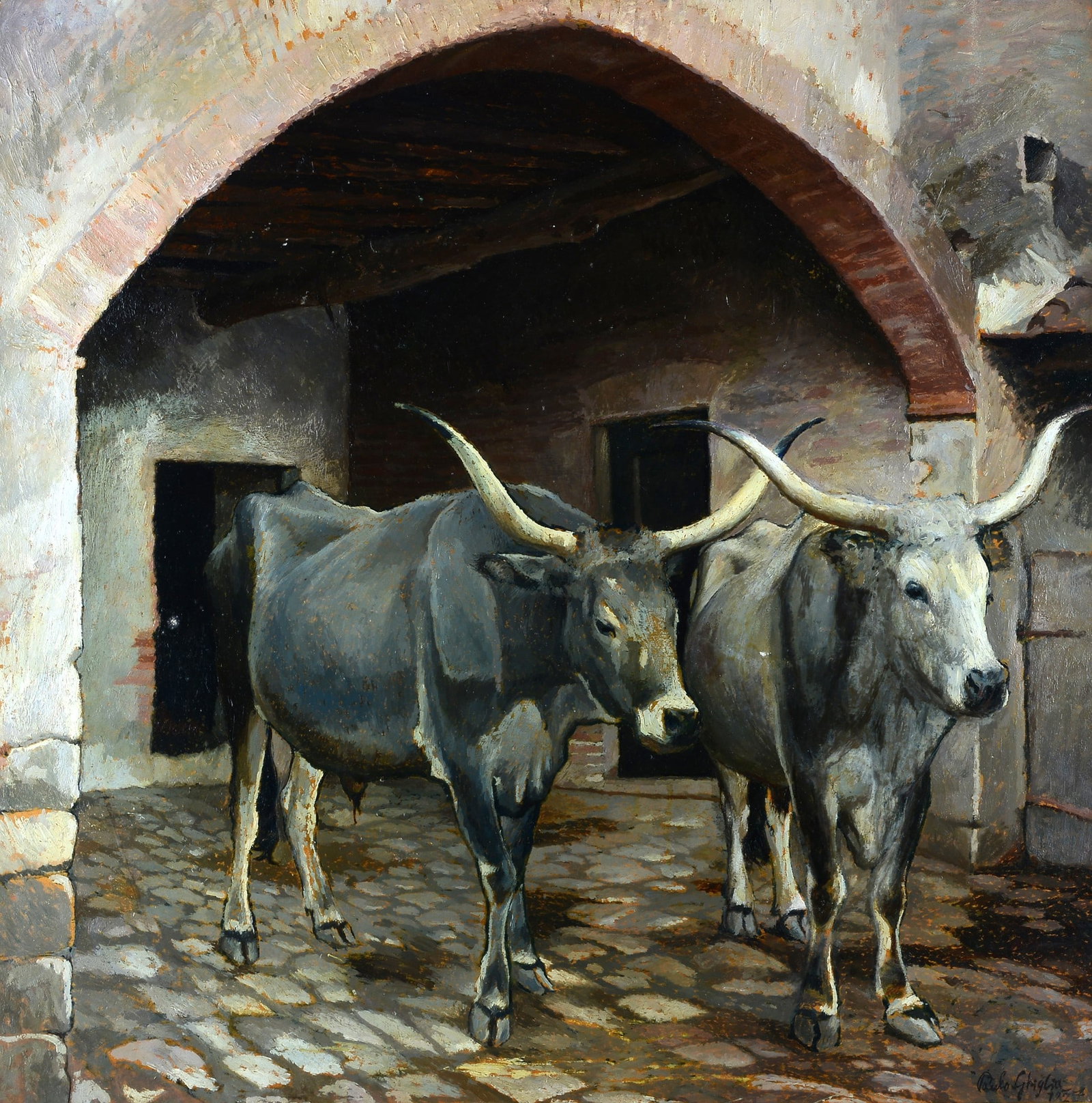 Paulo Ghiglia (Firenze, 1905 - Roma, 1979) - Buoi, 1927: Olio su tavola, cm. 73,5x72. Firma e data in basso a destra.