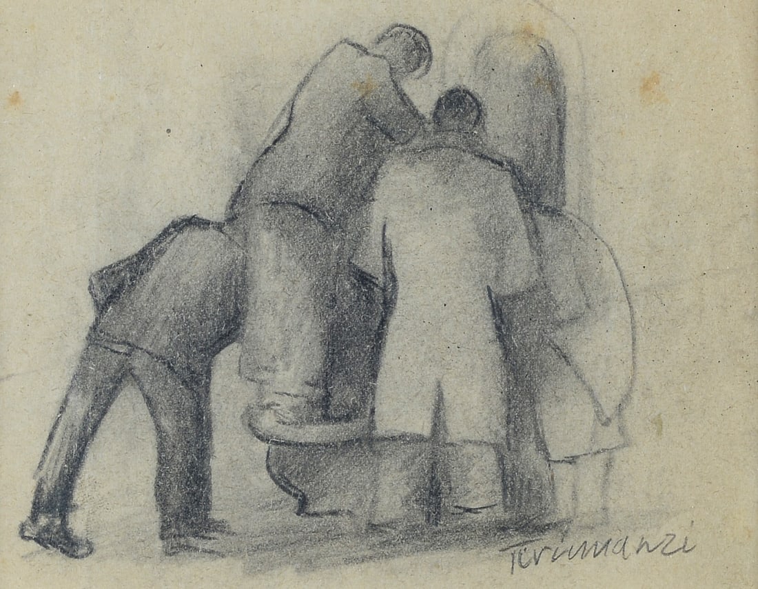 Nino Tirinnanzi (Greve in Chianti, 1923 - 2002) - Giocatori di toppa: Matita su carta, cm. 10x12. Firma in basso a destra.