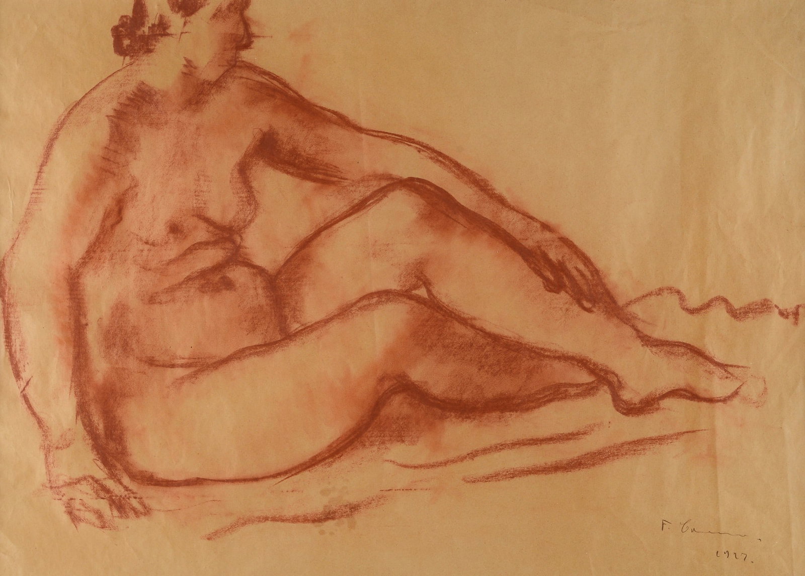 Felice Carena (Cumiana, 1879 - Venezia, 1966) - Nudo, 1927: Sanguigna su carta, cm. 44x62,5. Firma e data in basso a destra.