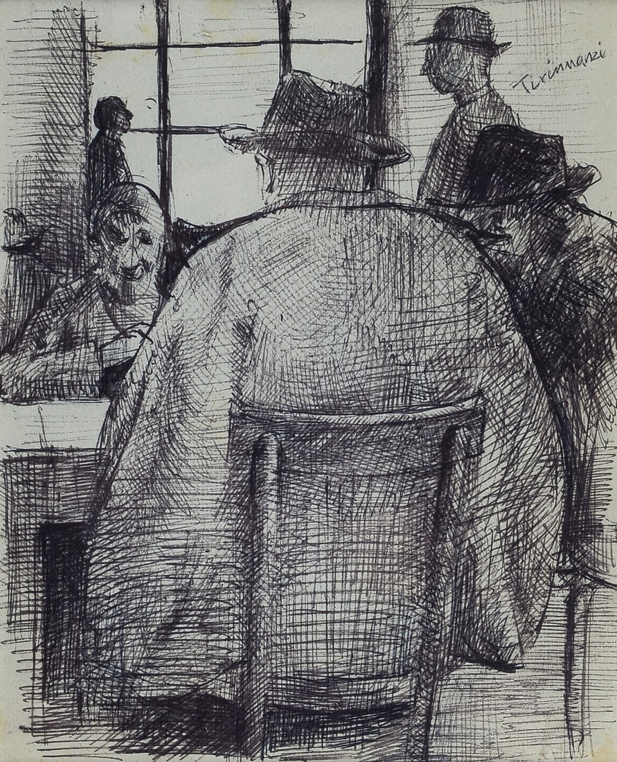 Nino Tirinnanzi (Greve in Chianti, 1923 - 2002) - Al caff: Inchiostro su carta, cm. 22,5x18. Firma in alto a destra.