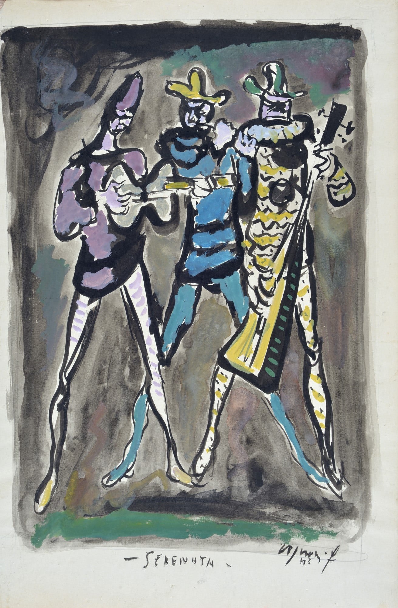 Franco Rognoni (Milano, 1913 - 1999) - Serenata, 1943: Tempera e inchiostro su carta riportata su tela, cm. 48,5x32. Firma e data in basso a destra; titolo in basso al centro.