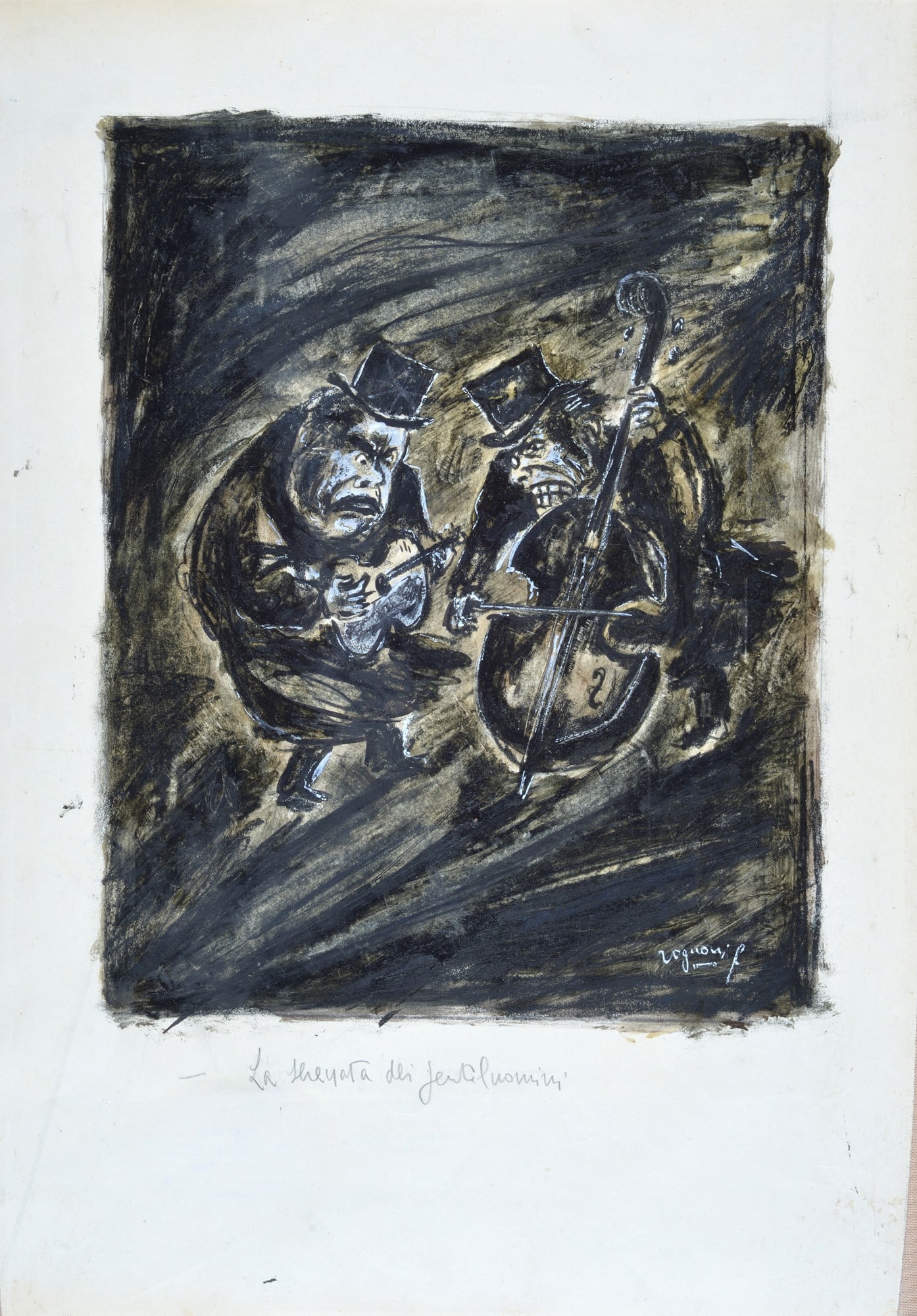 Franco Rognoni (Milano, 1913 - 1999) - Serenata dei galantuomini: Tempera, inchiostro e matita su carta riportata su tela, cm. 48x33,5. Firma in basso a destra; titolo in basso al centro.?