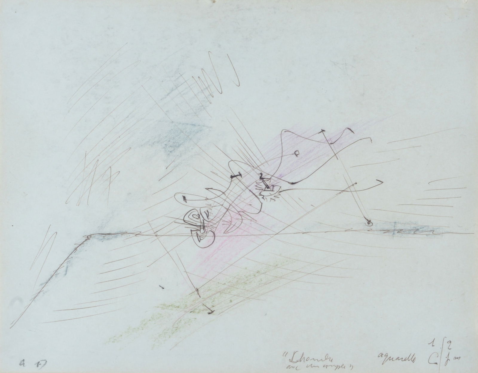 Andre' Masson (Balagny, 1896 - Parigi, 1987) - Esquisse pour chambre avec un couple: Tecnica mista su carta, cm. 21x26,8. Monogramma in basso a sinistra; titolo in basso a destra.? Sul verso: etichetta Cleto Polcina Arte Moderna, Roma. Autentica su foto Comit? Andre Masson, in data 7