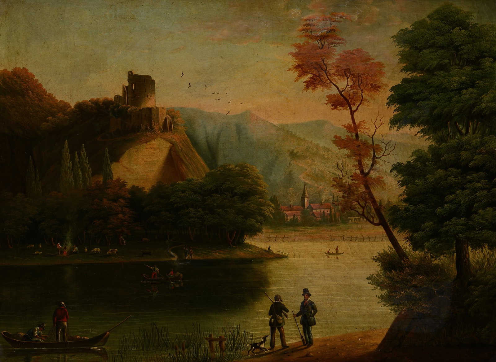 Anonimo, XIX sec. - Paesaggio lacustre con figure: Olio su tela, cm. 84,5x112,5.