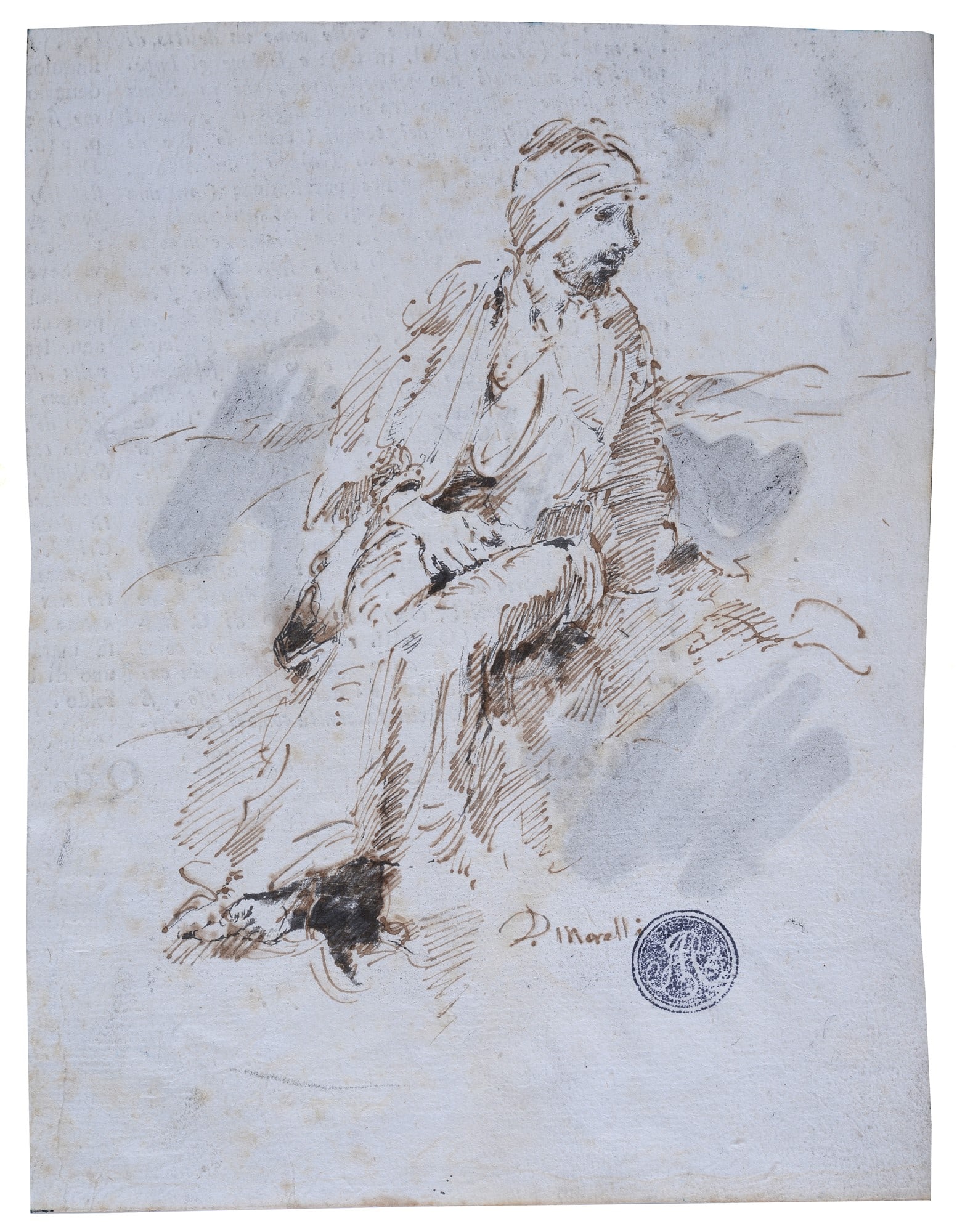Attr. a Domenico Morelli - Uomo vestito all'orientale: Inchiostro e inchiostro acquerellato su carta, cm. 23,5x18. Firma in basso a destra; timbro di collezione in basso a destra.
