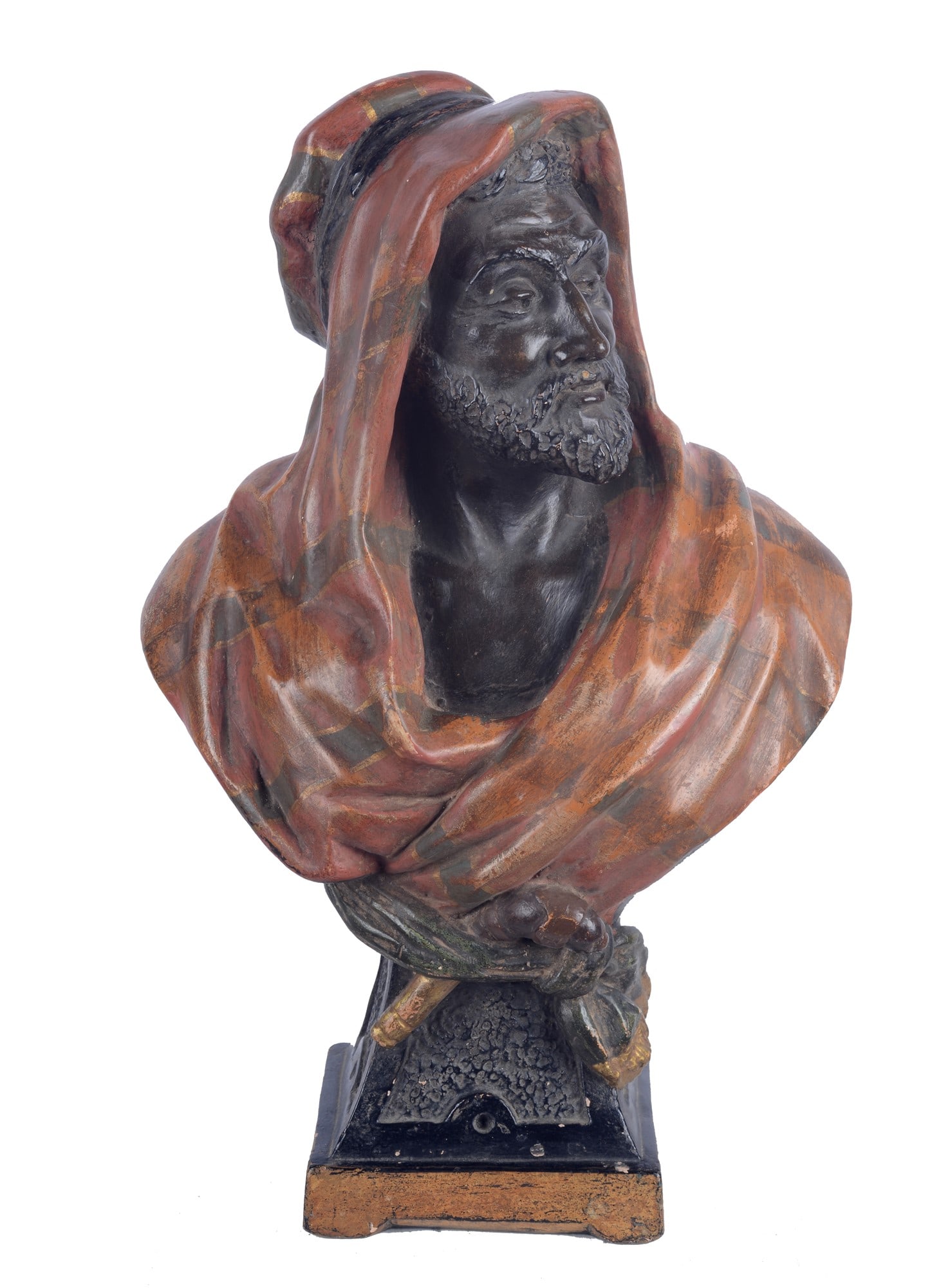 Figura all'orientale: Scultura in gesso dipinto, sul verso: Gesetzlich Geschutzt con iniziali F.R., XIX sec., cm. 42.?