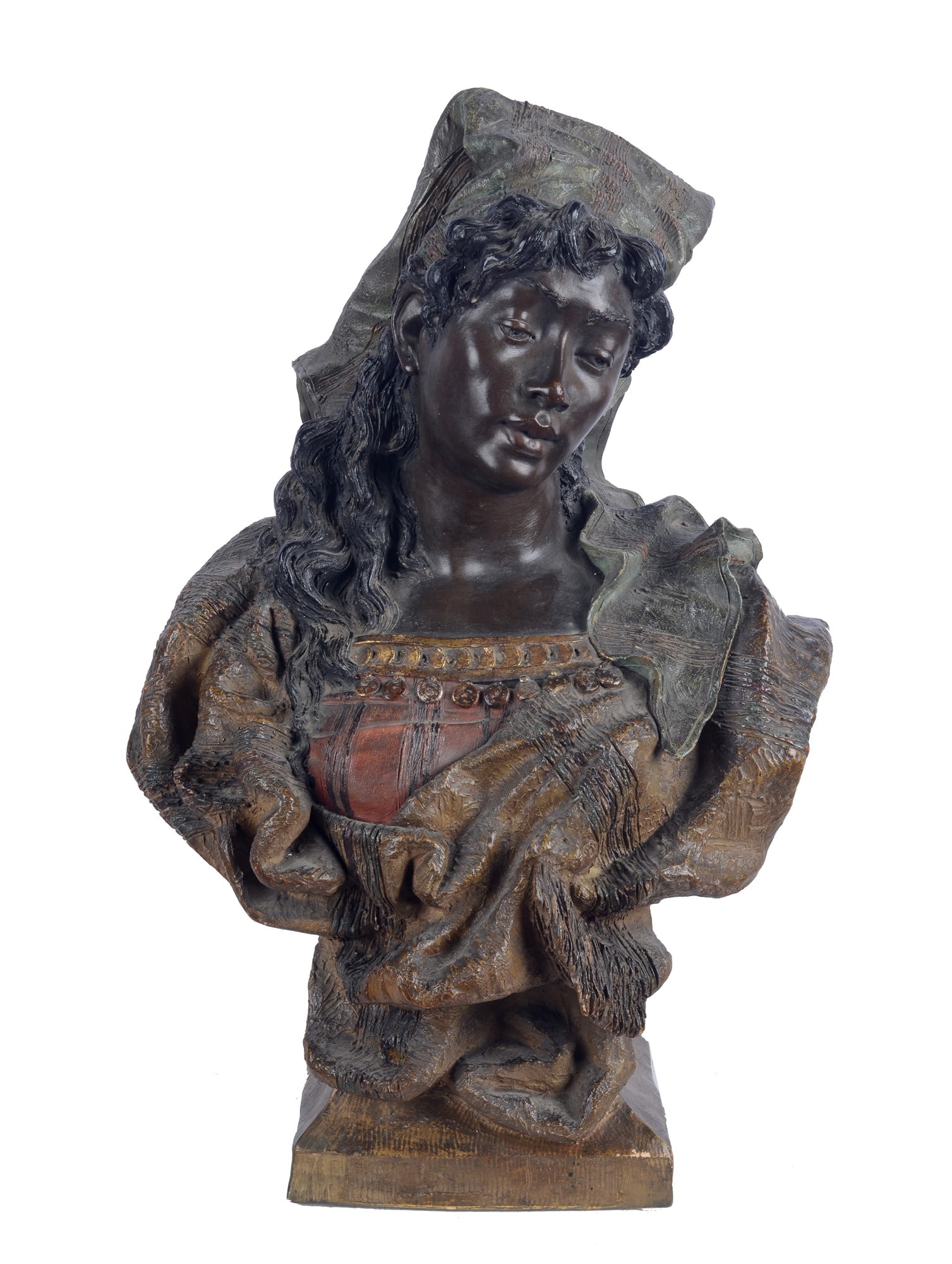 Friedrich Goldscheider (1845 - 1897) - Busto di ragazza africana: Scultura in terracotta dipinta. Sul verso: firma. cm. 43 (altezza).