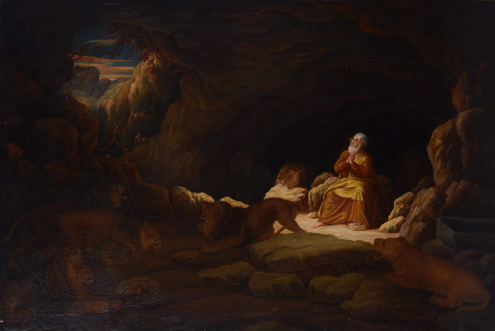 Anonimo, XIX sec. - Profeta Daniele nella fossa dei leoni: Olio su tela, cm. 79,5x117.