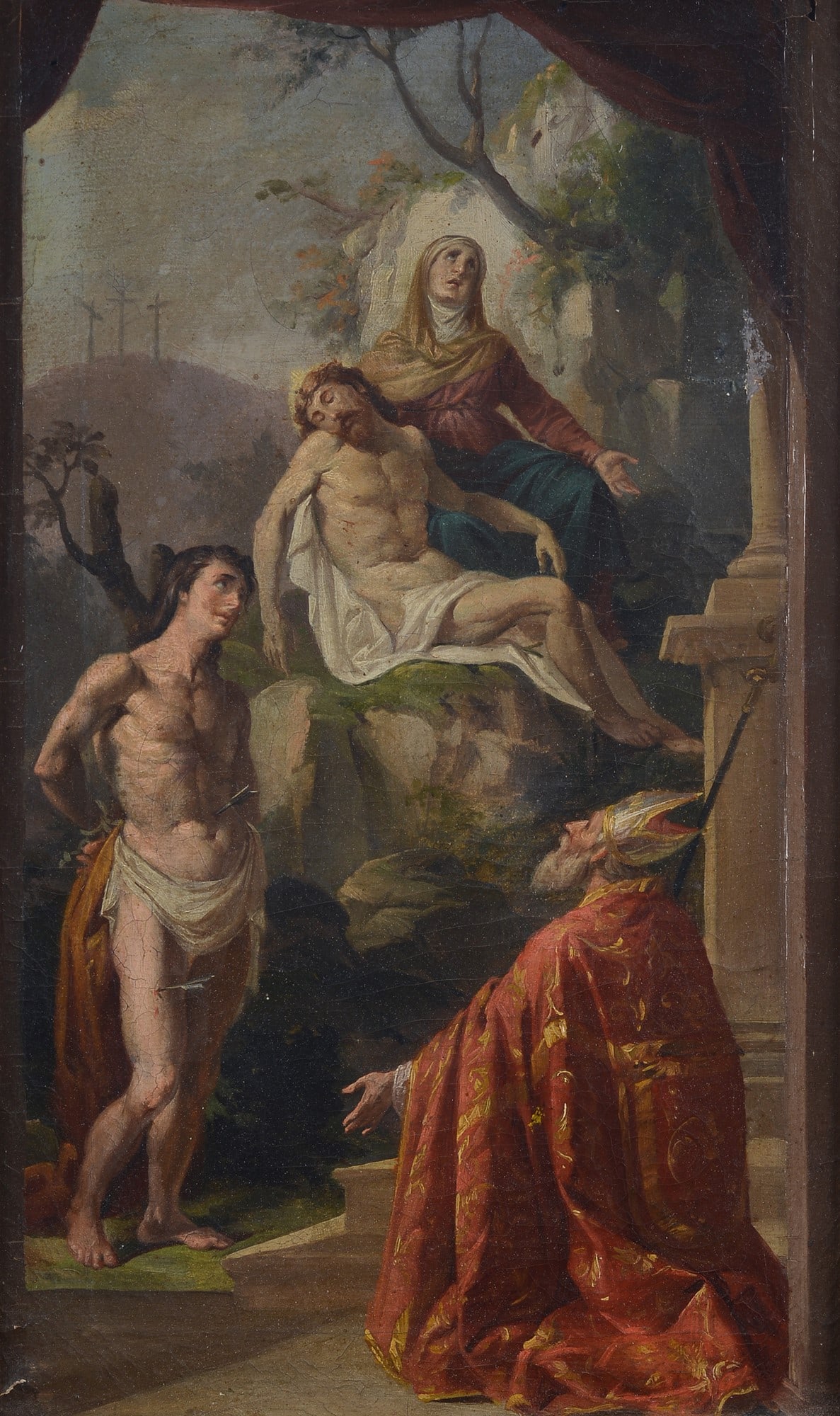 Anonimo, XIX sec. - Pieta' con San Sebastiano e Santo Vescovo: Olio su tela, cm. 37x22,5.