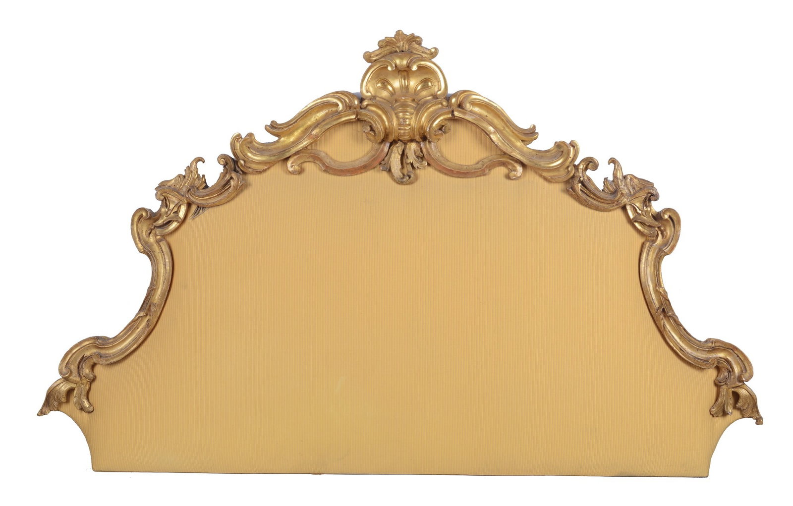 Testata da letto: profilo sagomato in legno intagliato e dorato a volute imbottita e rivestita di velluto giallo, fregio fine XVIII sec. cm. 117x192x10