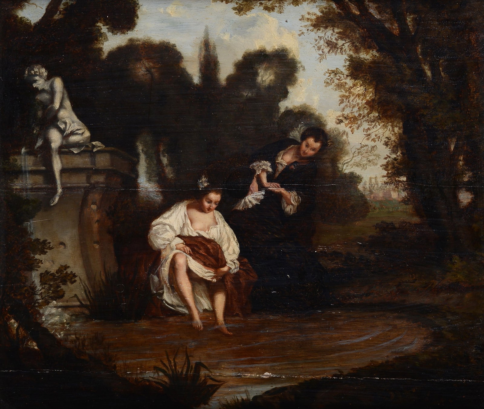 Anonimo, XVIII - XIX sec. - Il bagno alla fontana: olio su tavola, cm.37.5x44.