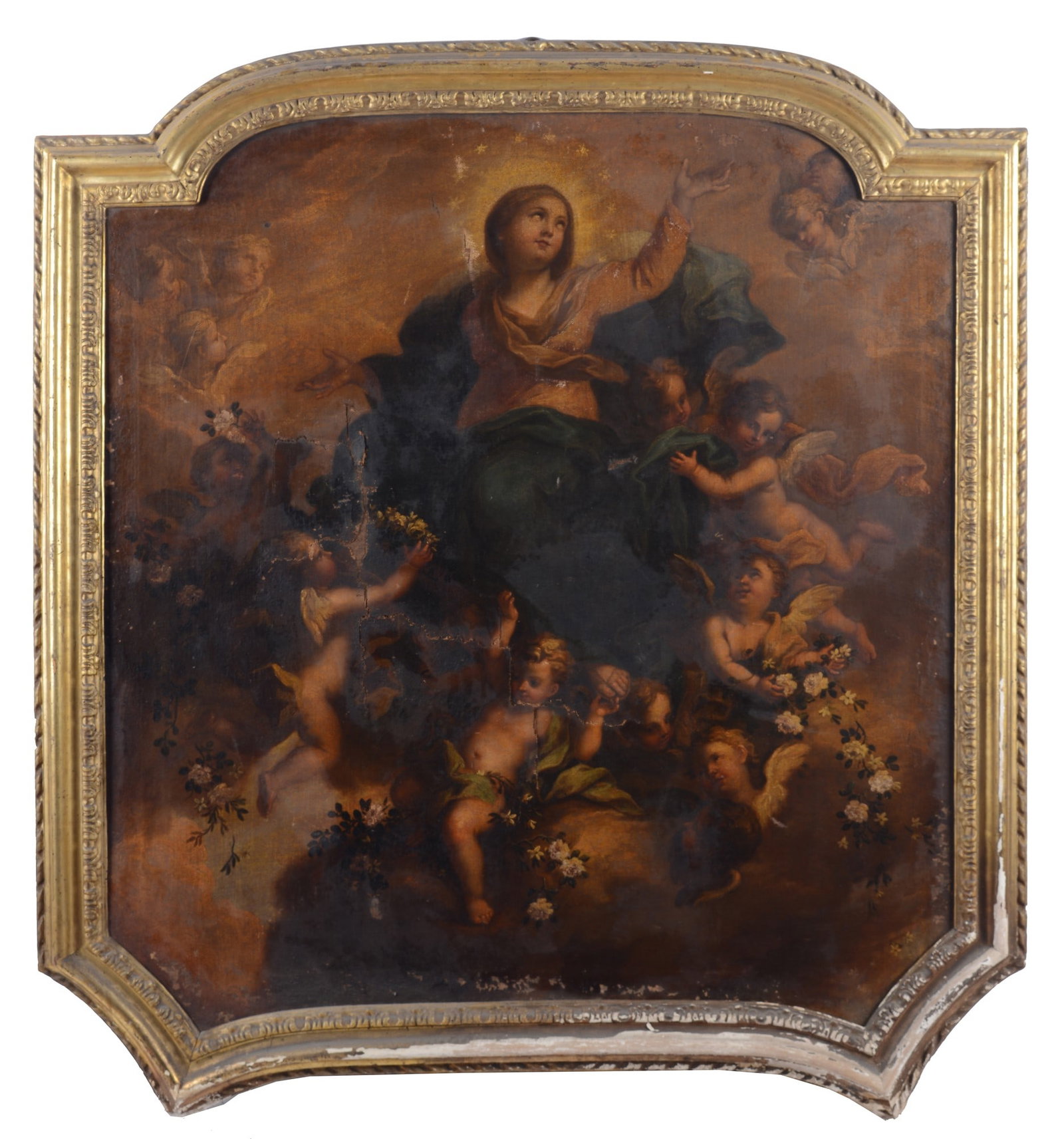 Anonimo, XVIII sec. - Assunzione della Vergine: Olio su tela, cm. 137x130. Rotture.