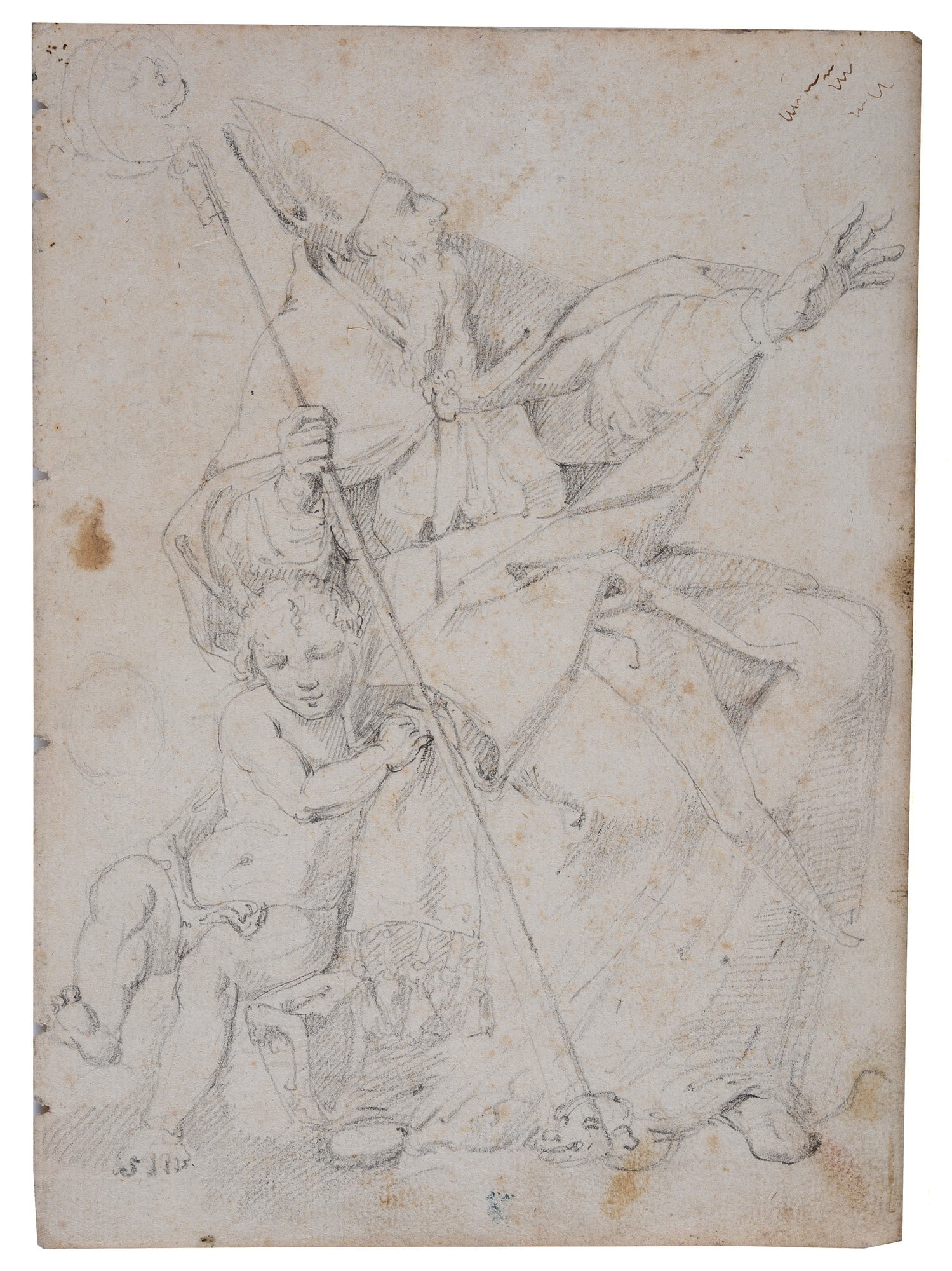 Anonimo, XVIII sec. - Vescovo con putto (fronte) - Insegne romane e studio di figura (retro): Matita su carta; inchiostro su carta, cm. 23,4x16,9.