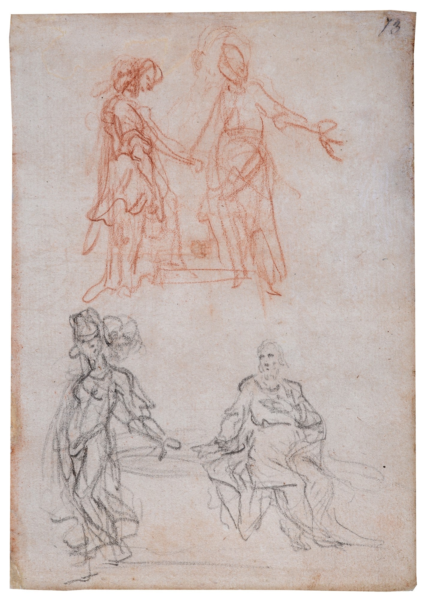 Anonimo, XVIII sec. - Studi di figure: Matita rossa e nera, cm. 20,5x14,5.